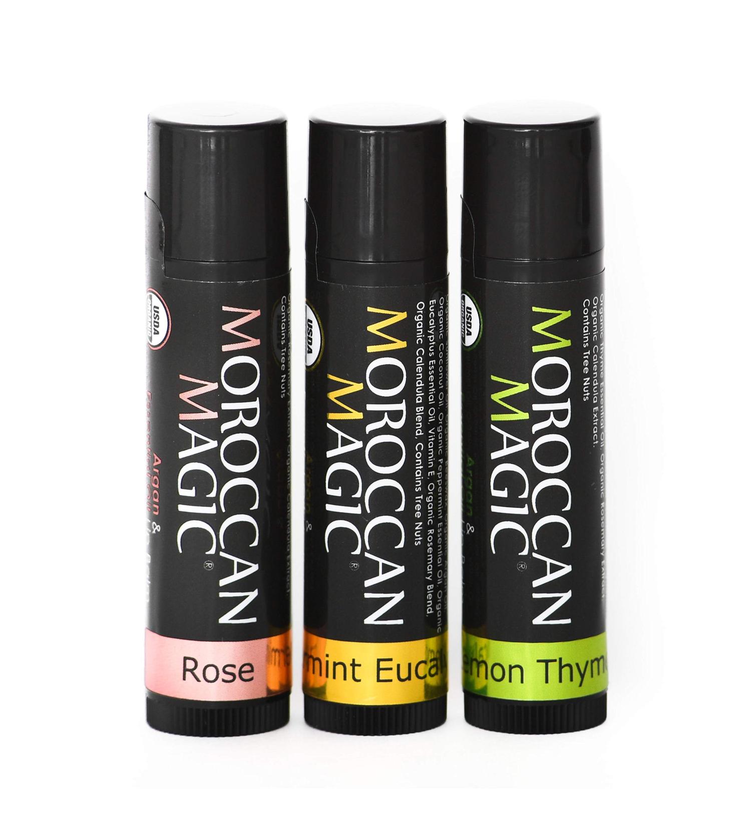 Moroccan Magic Organic Lip Balm Variety 3 Pack | Rose Peppermint Eucalyptus Lemon Thyme | Ultra Hydrating Argan and Essential Oils | Smooth Application | Non-Toxic Cruelty Free | Natural Gift Set 3 Piece Variety Pack - Buy Online on GoSupps.com