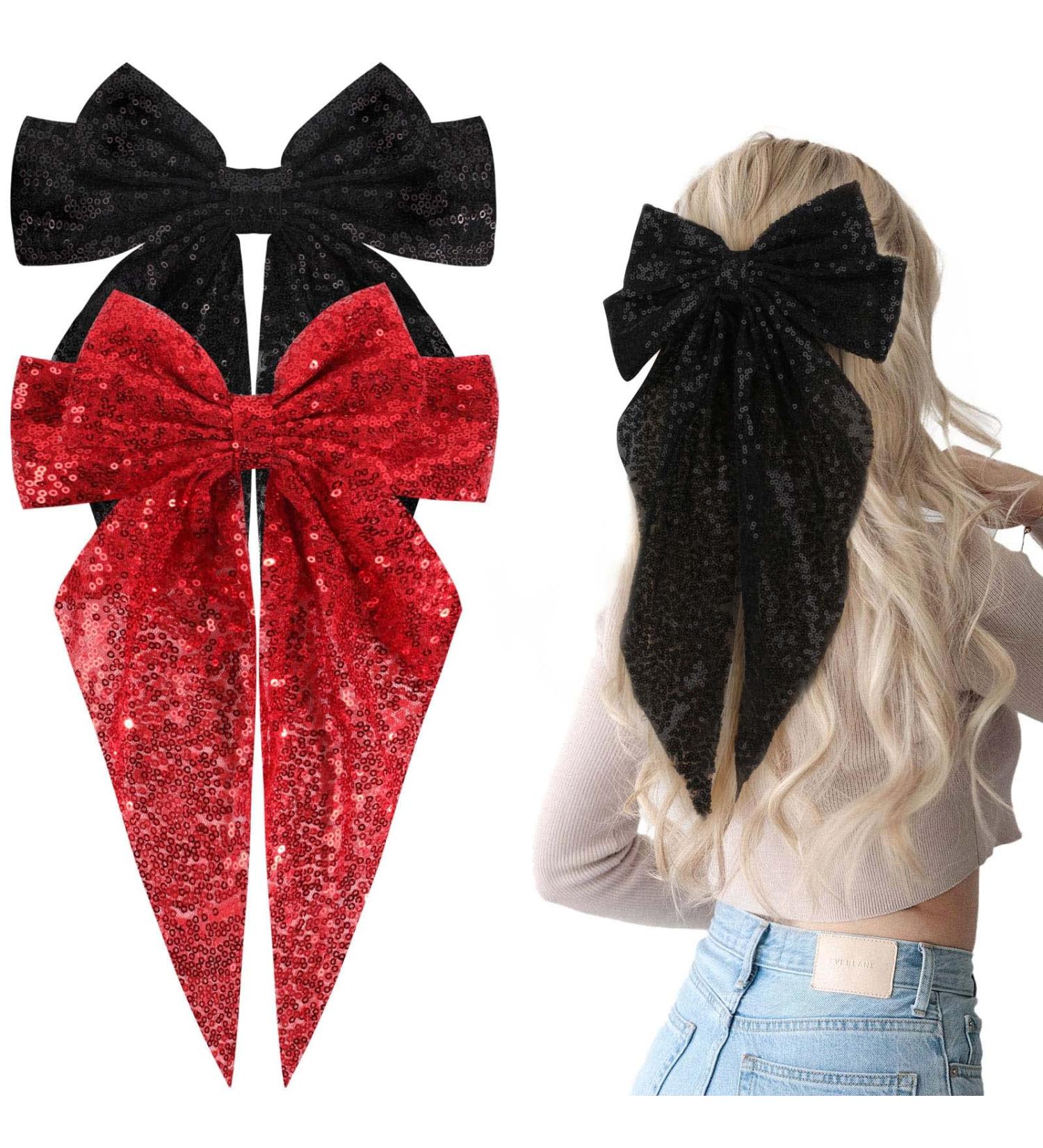 2Pcs Glitter Layered Hair Bows 8 Inch Barrette Hair Clip for Women Girls - Black+Red - Buy Online on GoSupps.com