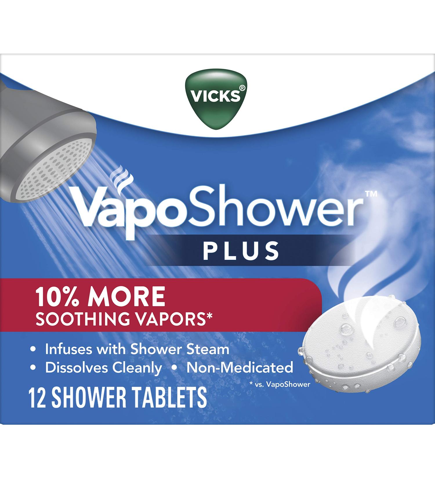 Vicks VapoShower Plus Shower Bomb Tablets - Soothing Aromatherapy with Eucalyptus and Menthol - 12 Non-Medicated Tablets - Buy Online on GoSupps.com