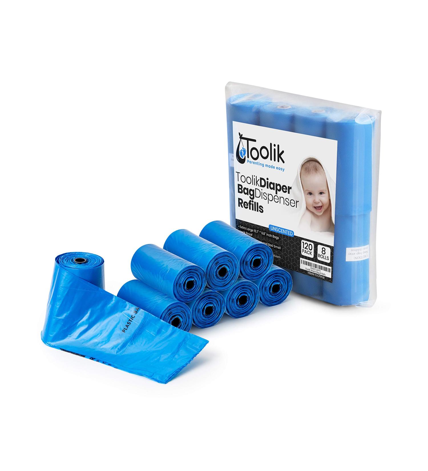 Toolik Diaper Bag Dispenser Refills - 8 Rolls, 120 Unscented Disposable Waste Bags - Buy Online on GoSupps.com