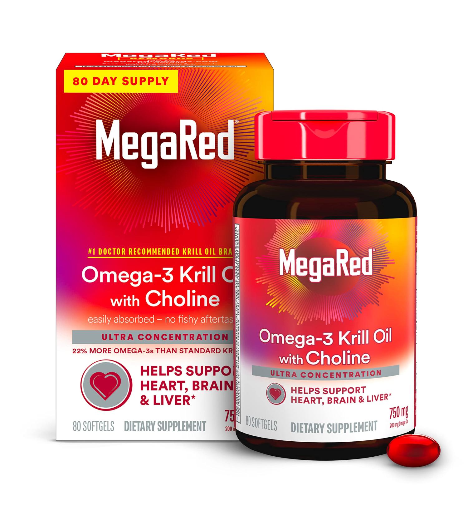 MegaRed Krill Oil 750mg - Top Dr Recommended Omega 3 Supplement with EPA DHA & Phospholipids for Heart Brain & Liver Health - 80 Softgels - Buy Online on GoSupps.com