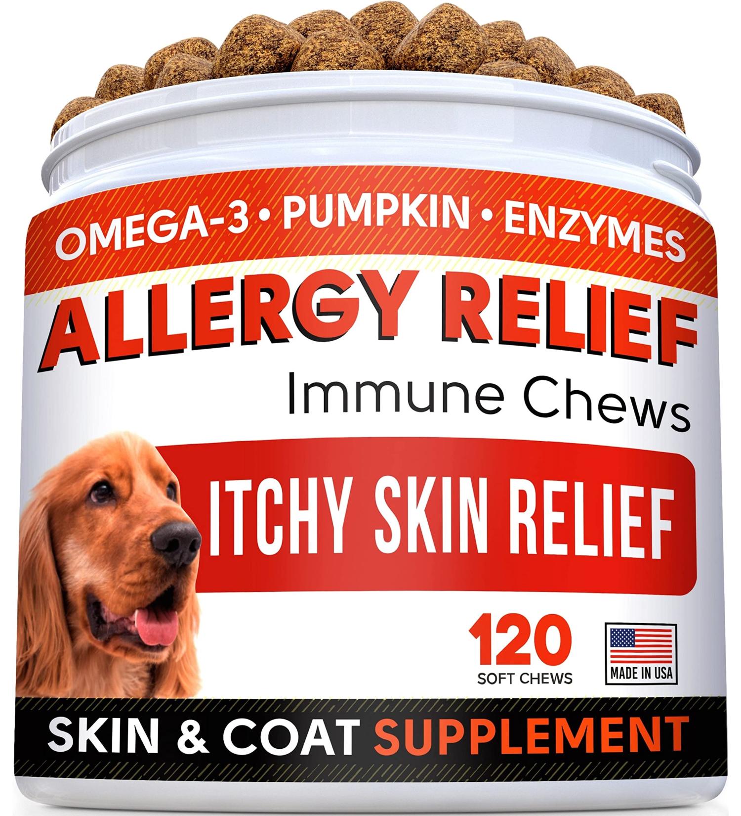 STRELLALAB Allergy Relief Dog Treats with Omega 3, Pumpkin, Enzymes, and Turmeric - Itchy Skin Relief - Made in USA Chicken - 120 Count - Buy Online on GoSupps.com
