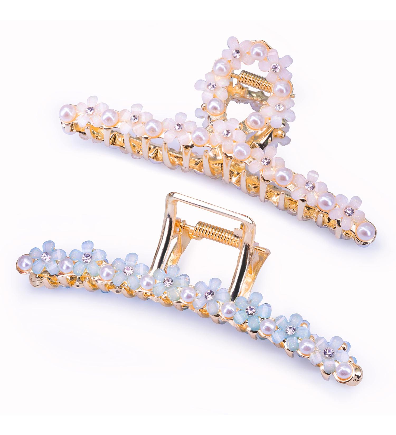 Shiny Metal Hair Clips with Flower and Pearl - Large Hair Claw Barrettes for Women and Girls - Nonslip Fashion Accessories for Daily Hairstyling - Strong Hold for Thick/Thin Hair - Buy Online on GoSupps.com