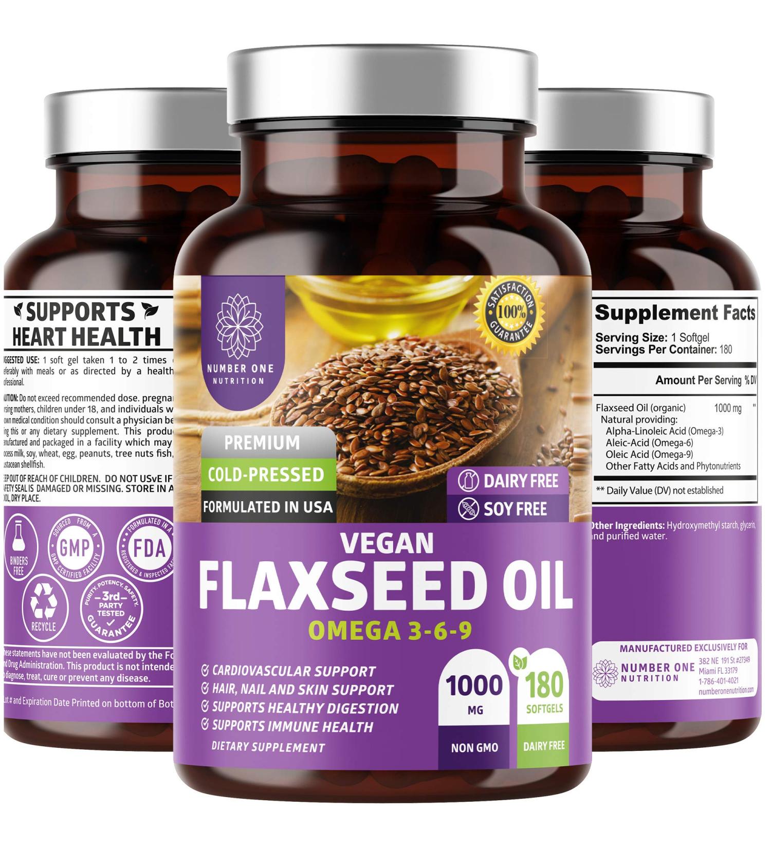 N1N Premium Vegan Flaxseed Oil Softgels - Max Strength Omega 3-6-9 for Cardiovascular Health & Skin Nourishment - 180 Softgels - Buy Online on GoSupps.com