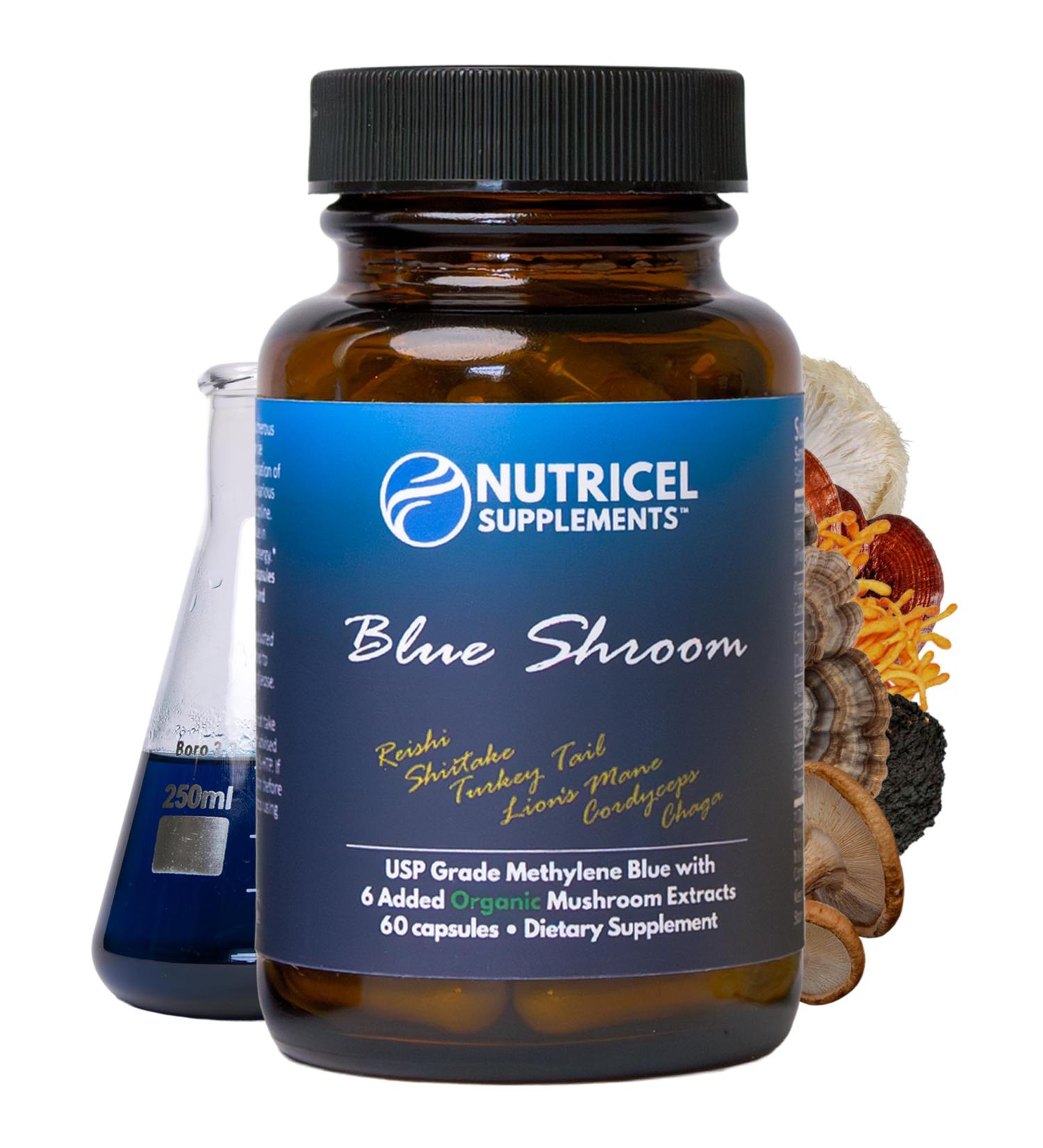 Nutricel Methylene Blue Capsules with Mushroom Extracts: Lion's Mane Reishi Cordyceps Chaga Shiitake Turkey Tail - Trusted Made in America Brand - 7mg (USP Reference Compliant) (60ct) - Buy Online on GoSupps.com
