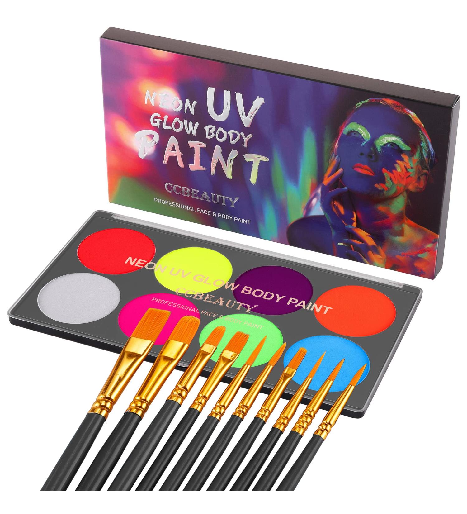 CCbeauty UV Glow Face Body Paint Palette | 8 Neon Colors | Water Activated | Safe & Washable | Halloween Makeup Kit + 10 Brushes - Buy Online on GoSupps.com