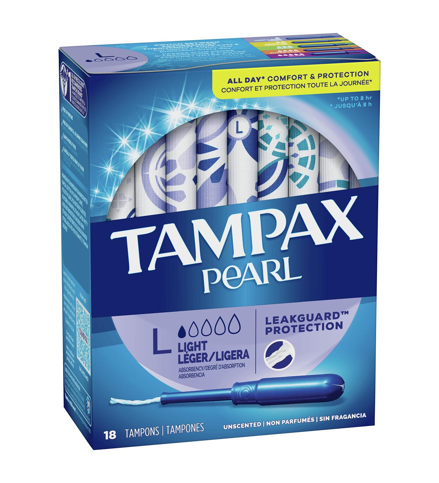 Tampax Pearl Light Absorbency Tampons - 18 Count | Unscented with LeakGuard Braid - Buy Online on GoSupps.com