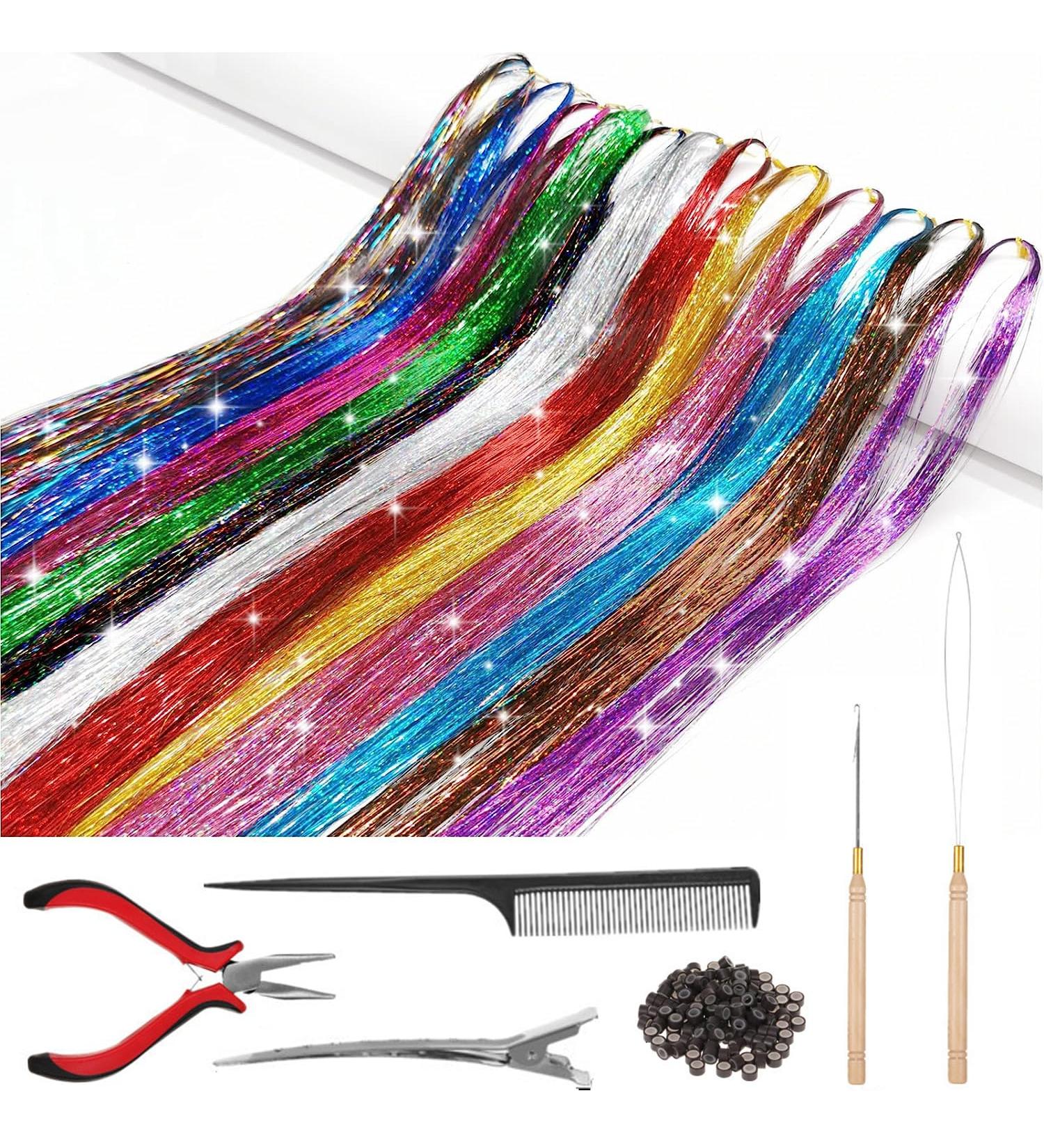 DUAUJUIU Hair Tinsel Kit 12 Colors 48 Inches Fairy Hair Tinsel Hair Extensions Heat Resistant with Tools and Rhinestone Hair Accessories for Women Girls 2400 Strands - Buy Online on GoSupps.com