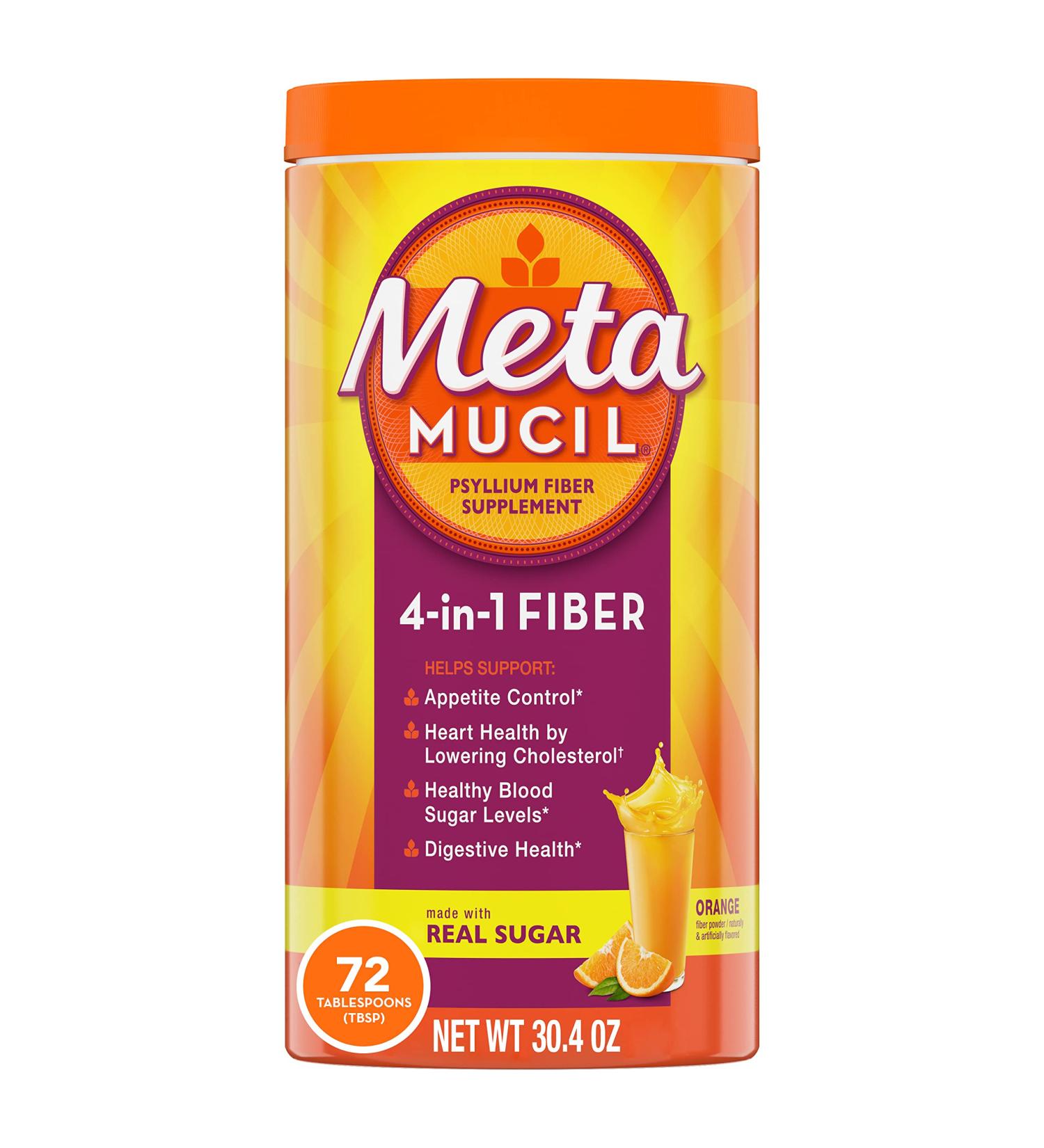 Metamucil Orange Smooth Fiber Supplement Powder - 1.9lb (72 Servings), Coarse Texture | Real Sugar, 4-in-1 Psyllium Drink - Buy Online on GoSupps.com