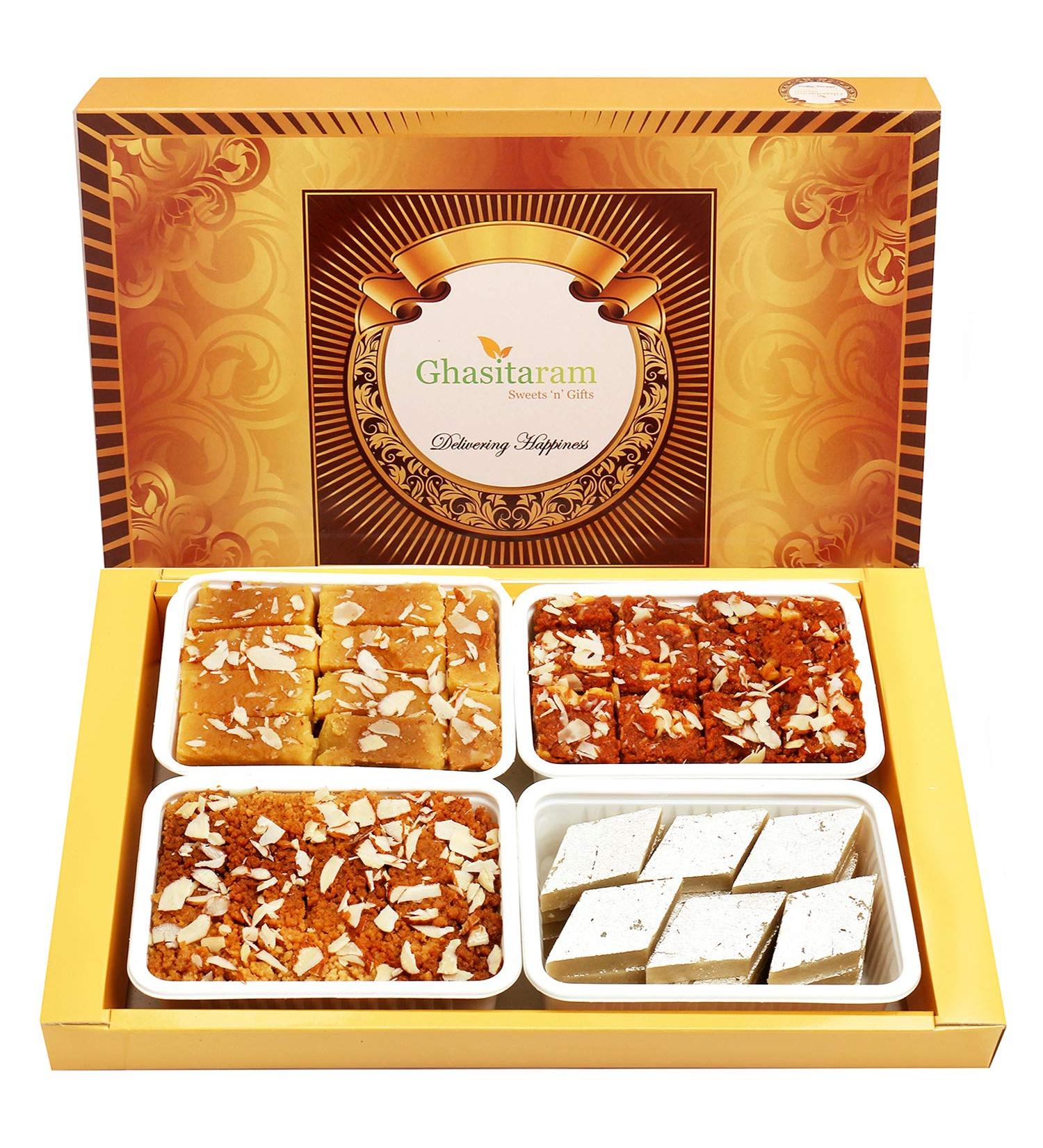 Ghasitaram Gifts Indian Sweets - Diwali Gifts Diwali Sweet - Big Box of Kaju Katli Mysore Pak Dodha Barfi and Milk Cake - Buy Online on GoSupps.com