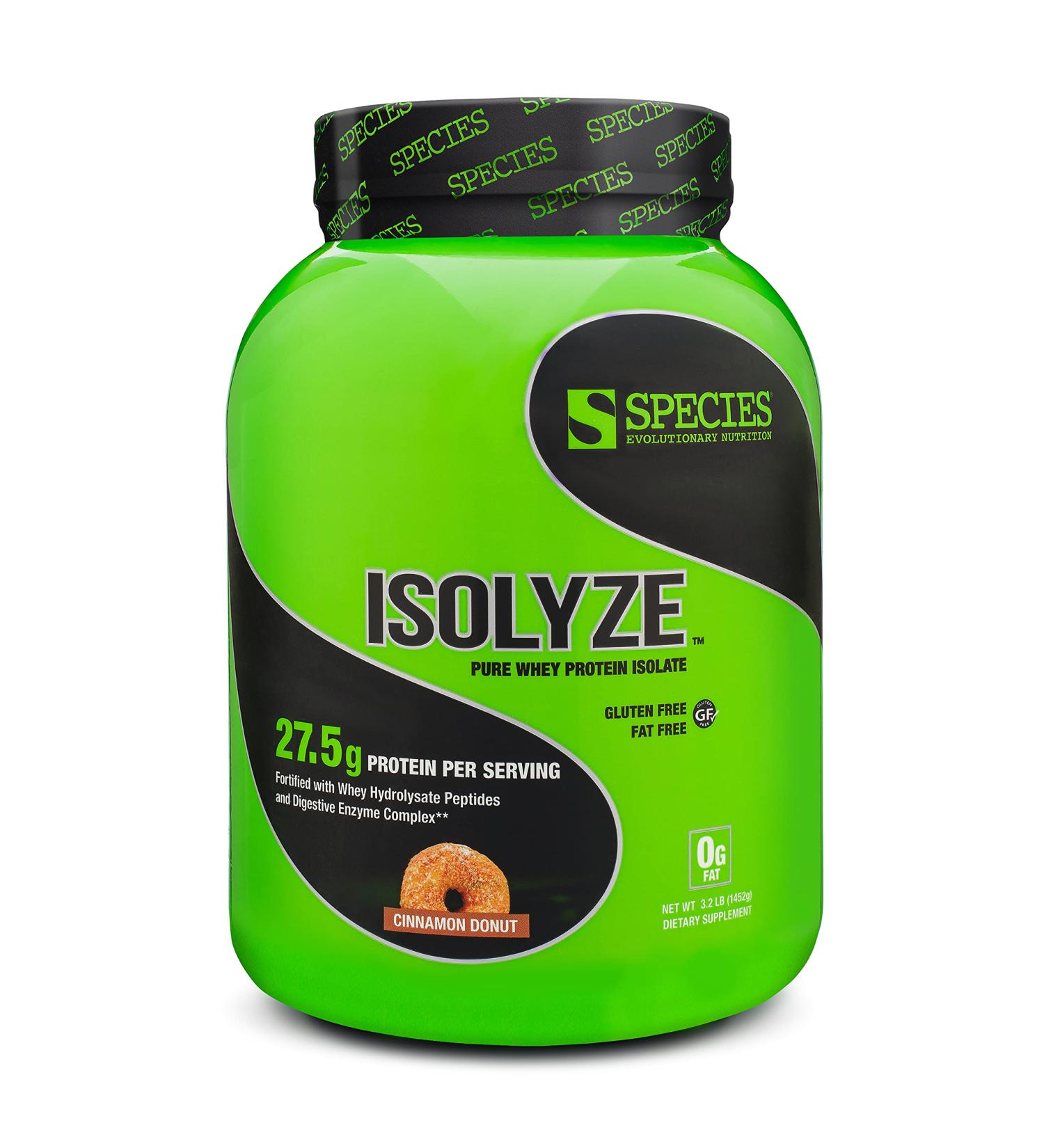 Species Nutrition Isolyze Whey Protein Powder - 100% Whey Isolate Protein for Muscle Building - 27.5g Protein Per Scoop - No Sugar & Low Fat - Cinnamon Donut Flavor - 44 Servings - Buy Online on GoSupps.com