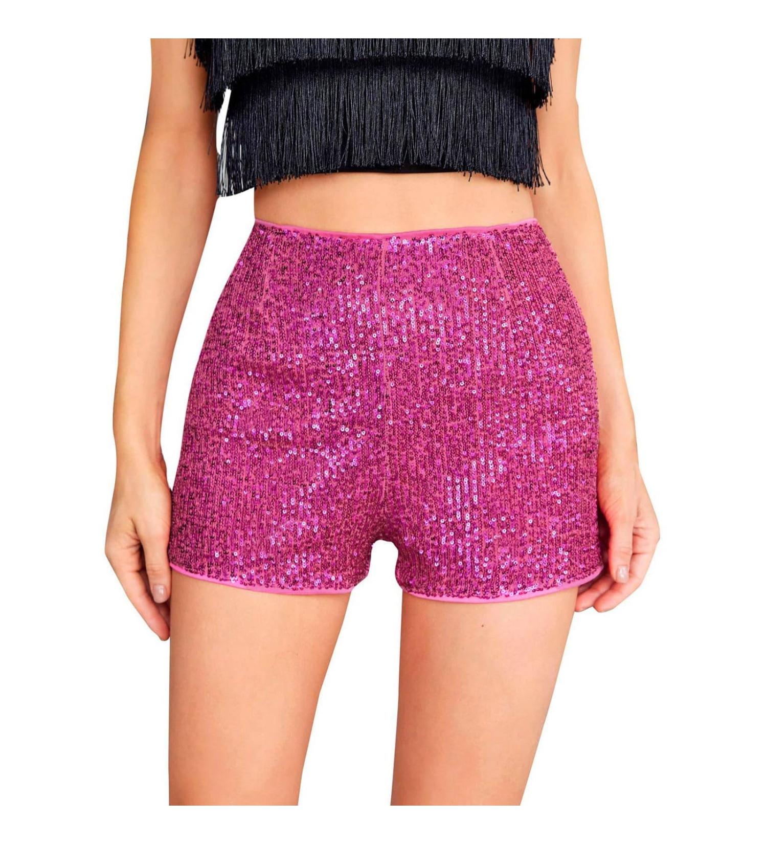Duohropke Women's Metallic Hot Pants Glitter Sequins High Waist Shorts for Dance Disco & Carnival - Hot Pink - Buy Online on GoSupps.com