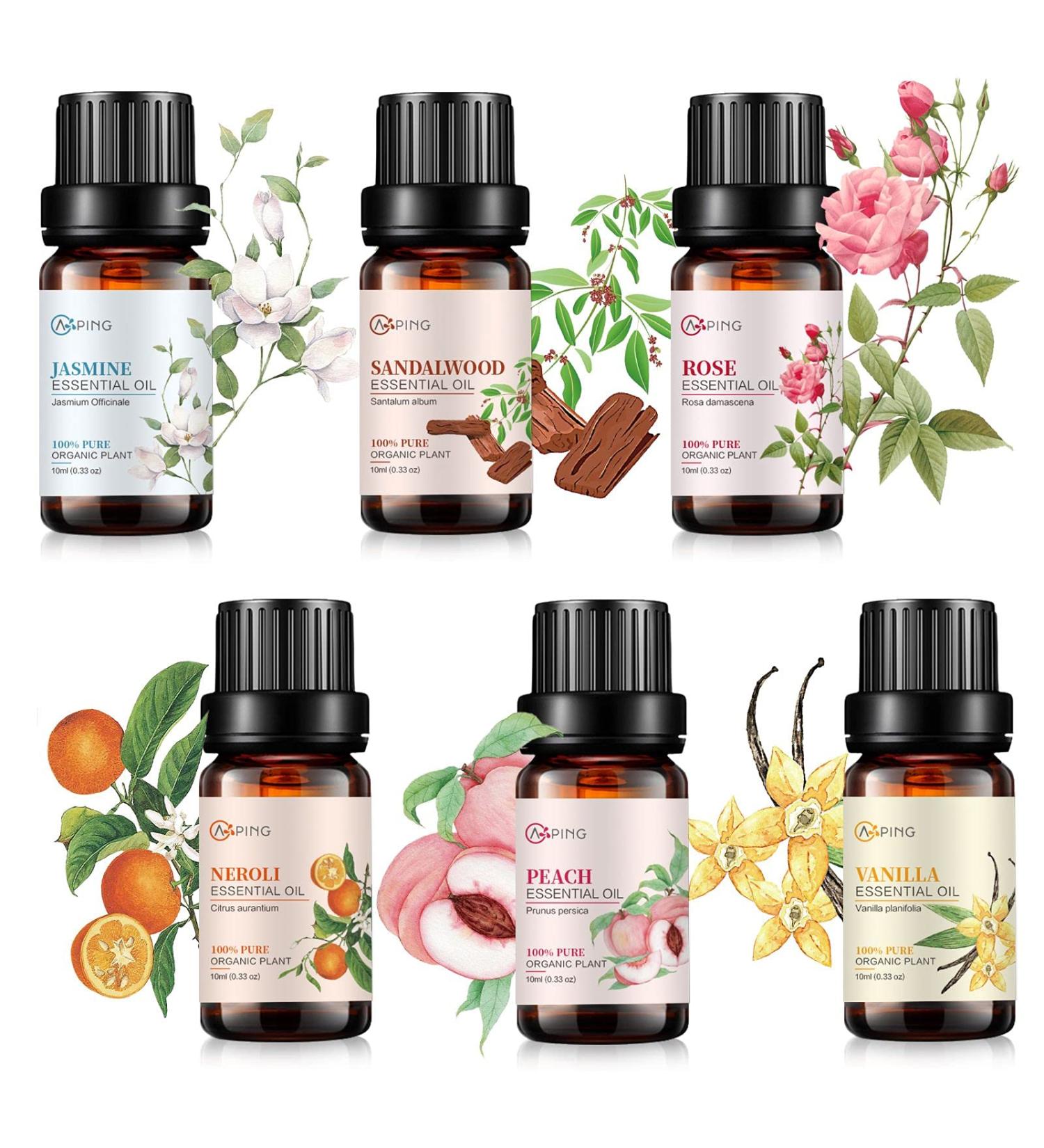 Essential Oil Set 6x10ML - 100% Pure Organic Aromatherapy Oils for Diffuser Massage & Spa - Rose Jasmine Sandalwood Vanilla Neroli Peach - Buy Online on GoSupps.com