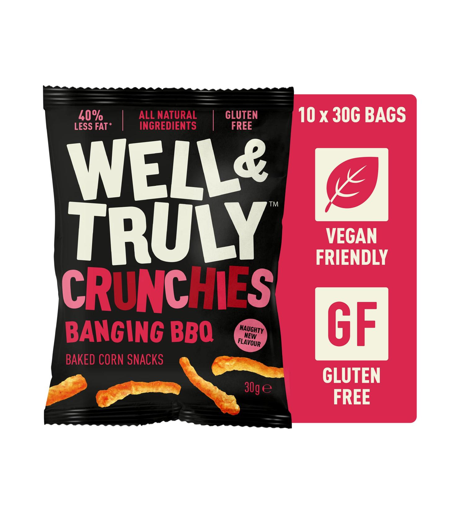 WELL&TRULY: Banging BBQ: Baked Corn Snacks - Gluten Free - Plant Based & Vegan - No Added Sugar - Less Fat - Healthy Snack - (Box of 10 Bags 30g Each) - Buy Online on GoSupps.com
