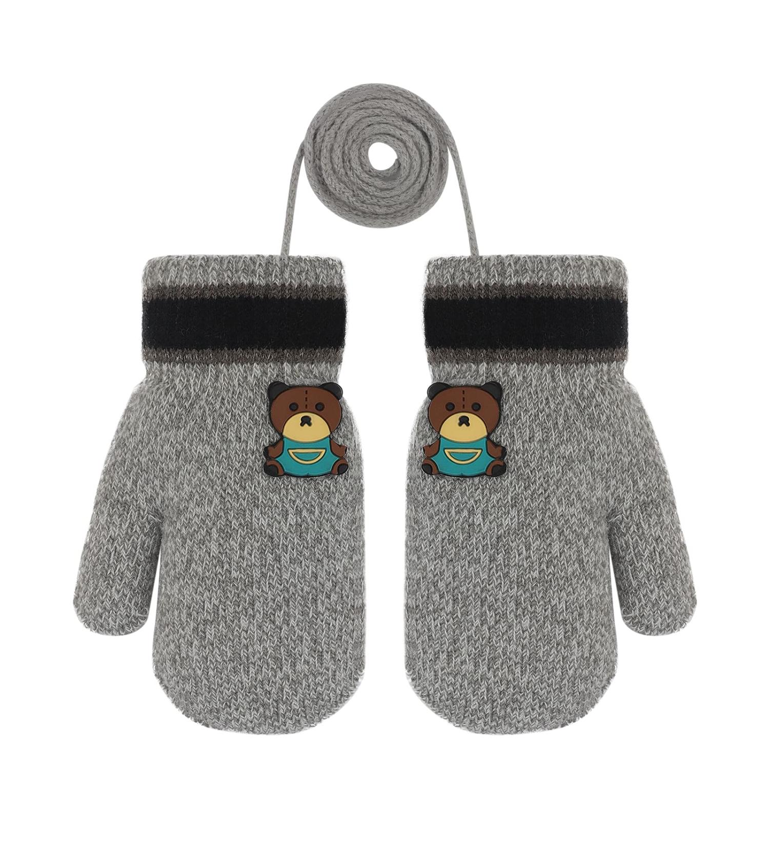 Cute Fox Knitting Toddler Winter Gloves | Full Finger | Thermal Plush Lining | 1-3 Yrs | Bear/Grey - Buy Online on GoSupps.com