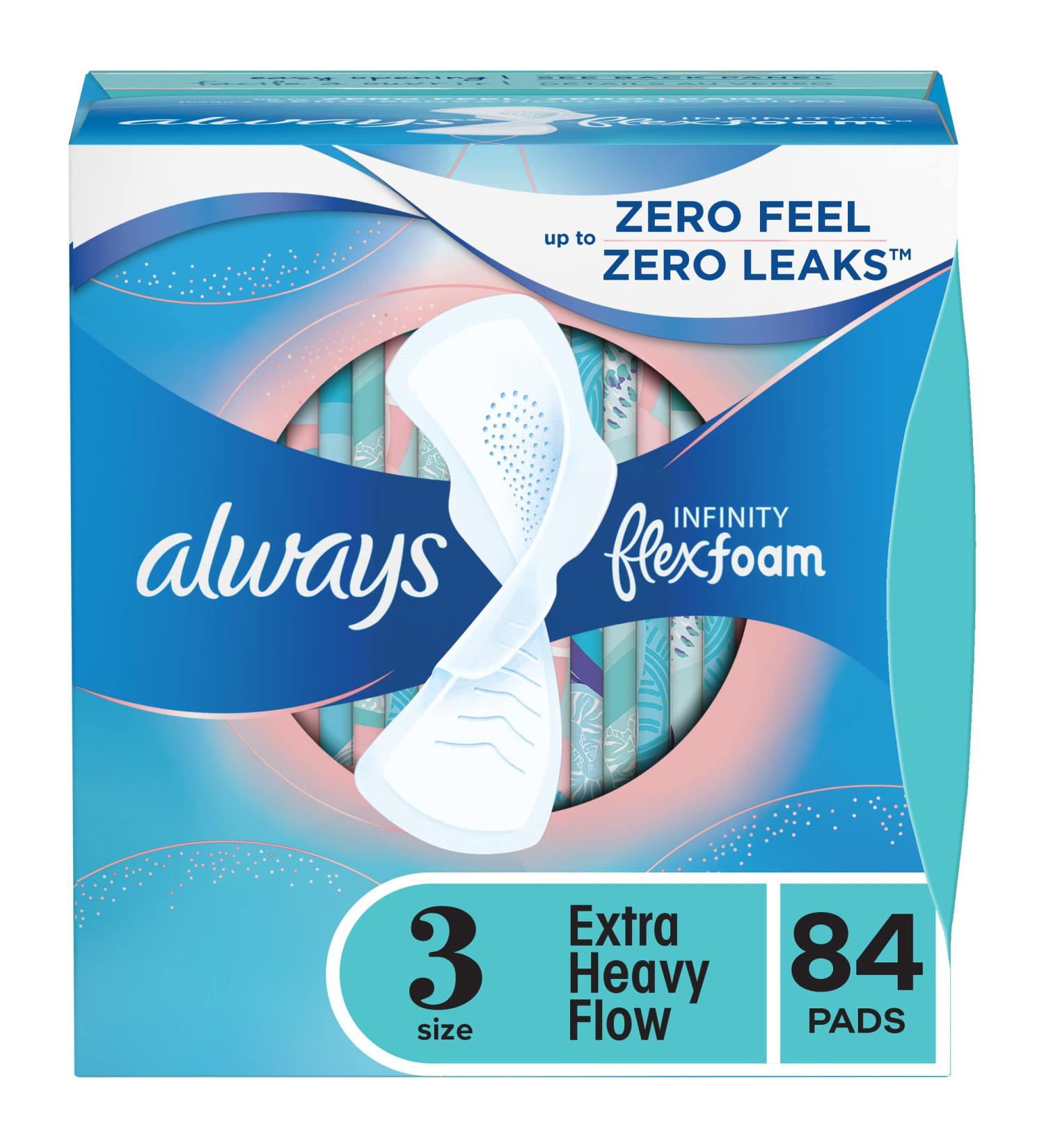 Always Infinity Feminine Pads Size 3 Extra Heavy Flow Absorbency 84 Count Multipack, FlexFoam with Wings, Unscented - Buy Online on GoSupps.com