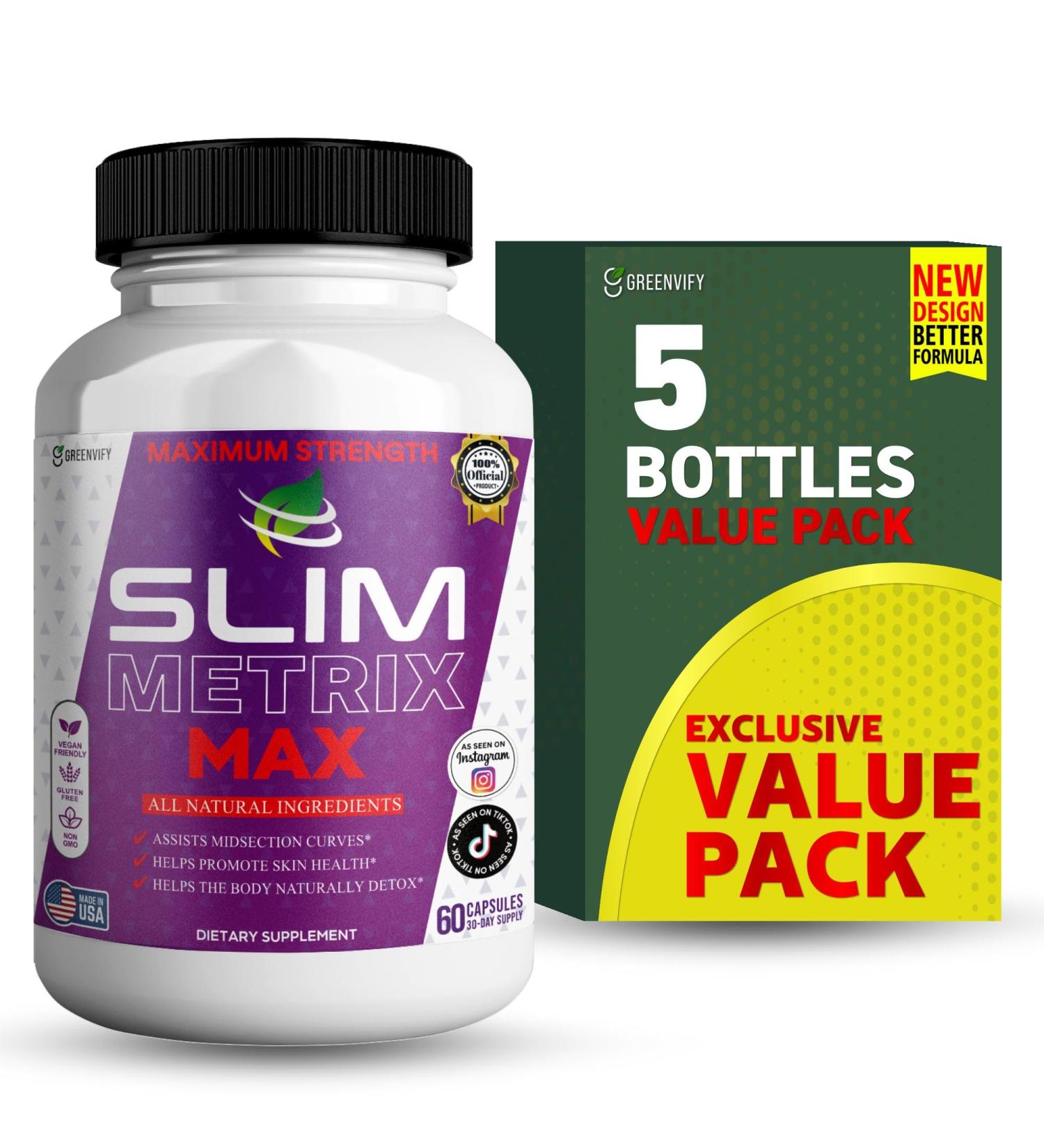 GREENVIFY Slim Metrix Maximum Strength Dietary Supplement 60 Capsules Natural Ingredients for Midsection Support Skin Health Detox Vegan Gluten Free Non-GMO (5) - Buy Online on GoSupps.com