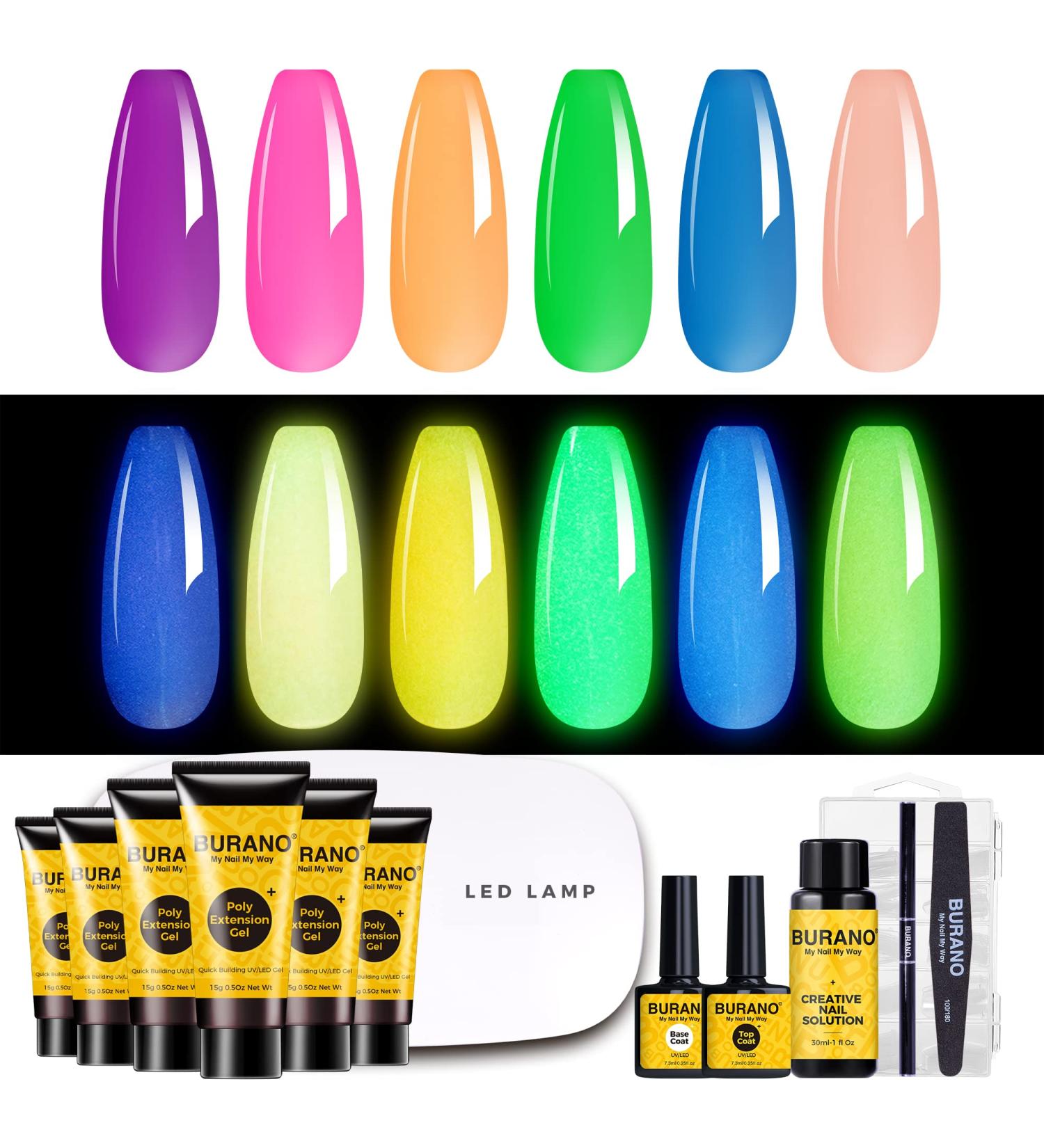 BURANO Glow in The Dark Poly Extension Nail Gel Kit with LED Lamp - Nail Extension Builder Gel for Salon-quality Nails - Buy Online on GoSupps.com