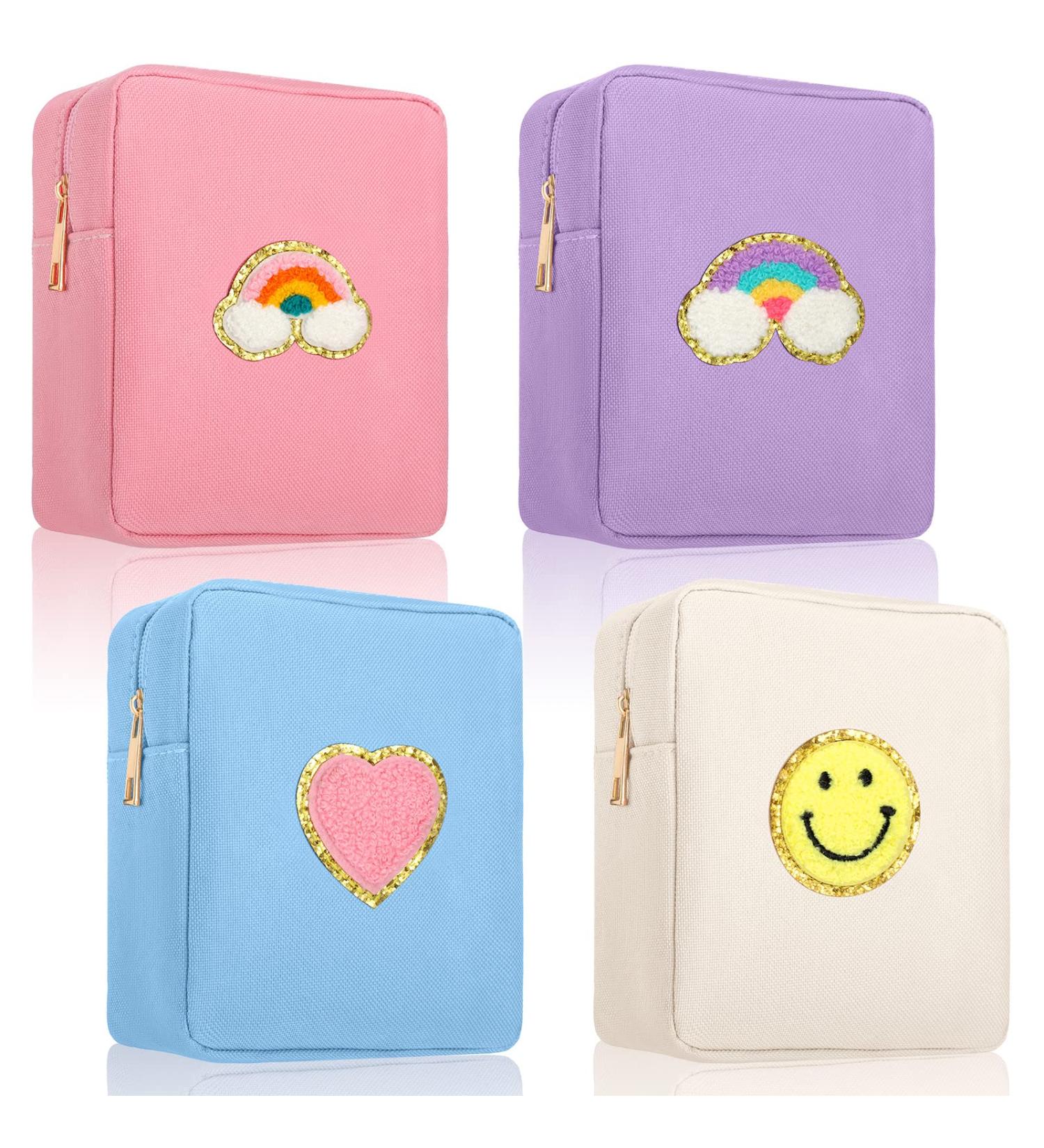 4-Piece Preppy Patch Makeup Bags - Nylon Toiletry Cosmetic Travel Pouch Set for Women & Girls in Pink, Blue, Purple & Beige - Buy Online on GoSupps.com