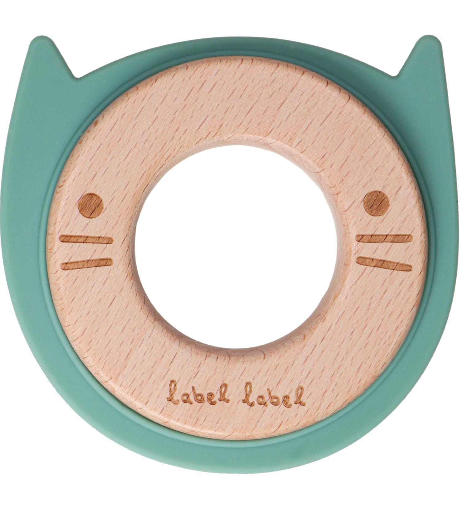 Label label cat wood and silicone bite ring to massage the gums and to relieve the first toothache suitable from birth nature green