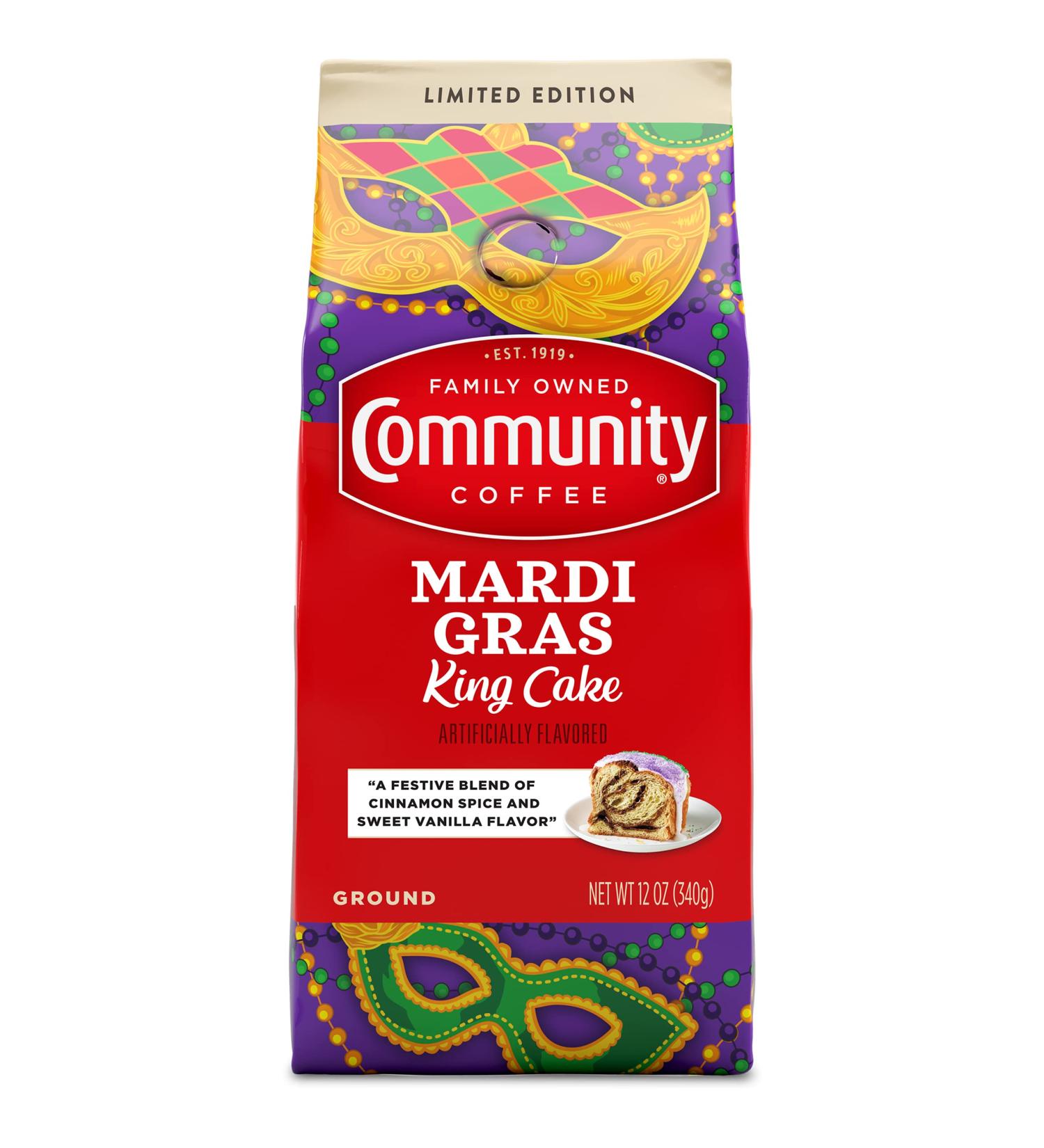 Community Coffee Mardi Gras King Cake Flavored 12 oz Medium Roast Ground Coffee - 1 Bag - Buy Online on GoSupps.com