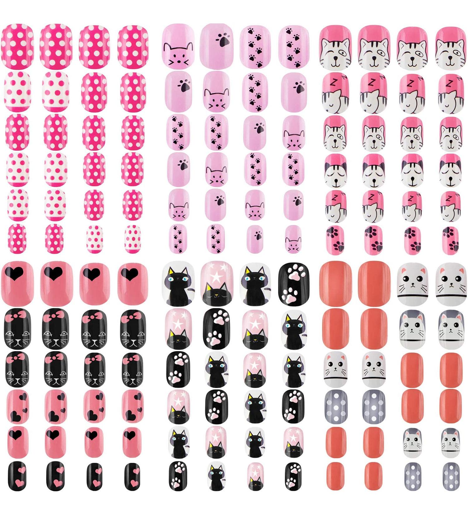 GETUOPT 140 Pieces Children Nails Kids False Nails Girls Cartoon Press on Fake Nails Colorful Pre-Glue Full Cover Nails Cute Short Acrylic Artificial Nail Tips Kits for Kids (Cat) - Buy Online on GoSupps.com