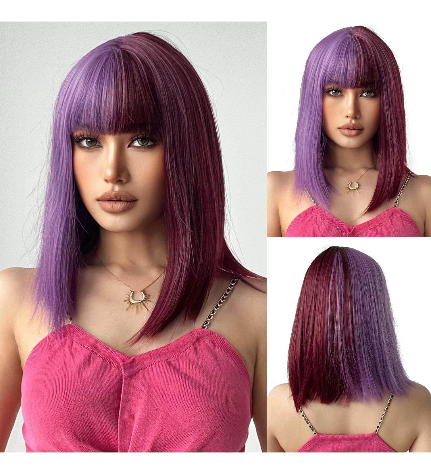 OUFEI half-purple half-wine red Bob Wig With Bangs Short Straight Wig For Women Synthetic Hair Wigs for Daily Party Cosplay Wear - Buy Online on GoSupps.com