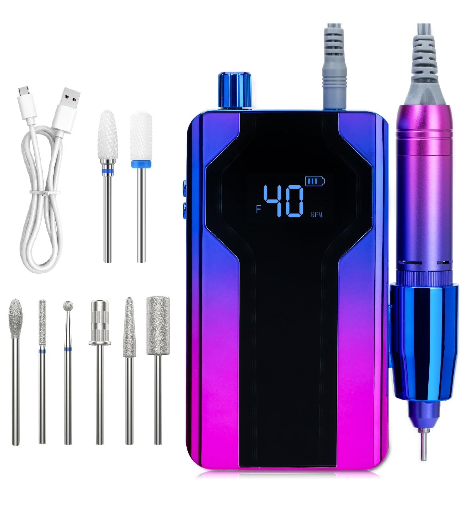 Delanie 40000 RPM Electric Nail Drill E File Rechargeable Portable with 8 Bits for Nail Polish Acrylic Gel Electric Nail File Professional Perfect Gift for Nail Lover-Blue-Violet - Buy Online on GoSupps.com