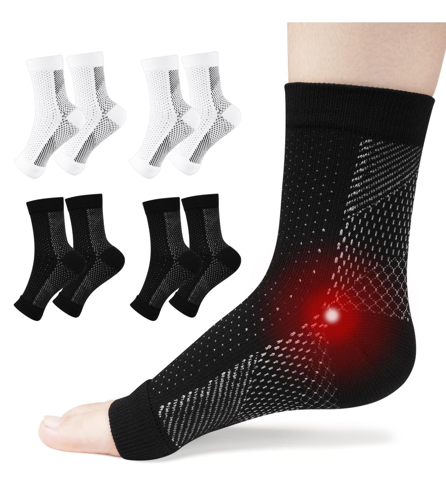 ACWOO Plantar Fasciitis Ankle Compression Socks 4 Pairs | Pain Relief for Men & Women | Breathable Support Brace for Neuropathy, Running, Flying | Anti-Slip, Wide Calf | S/M Black+White - Buy Online on GoSupps.com
