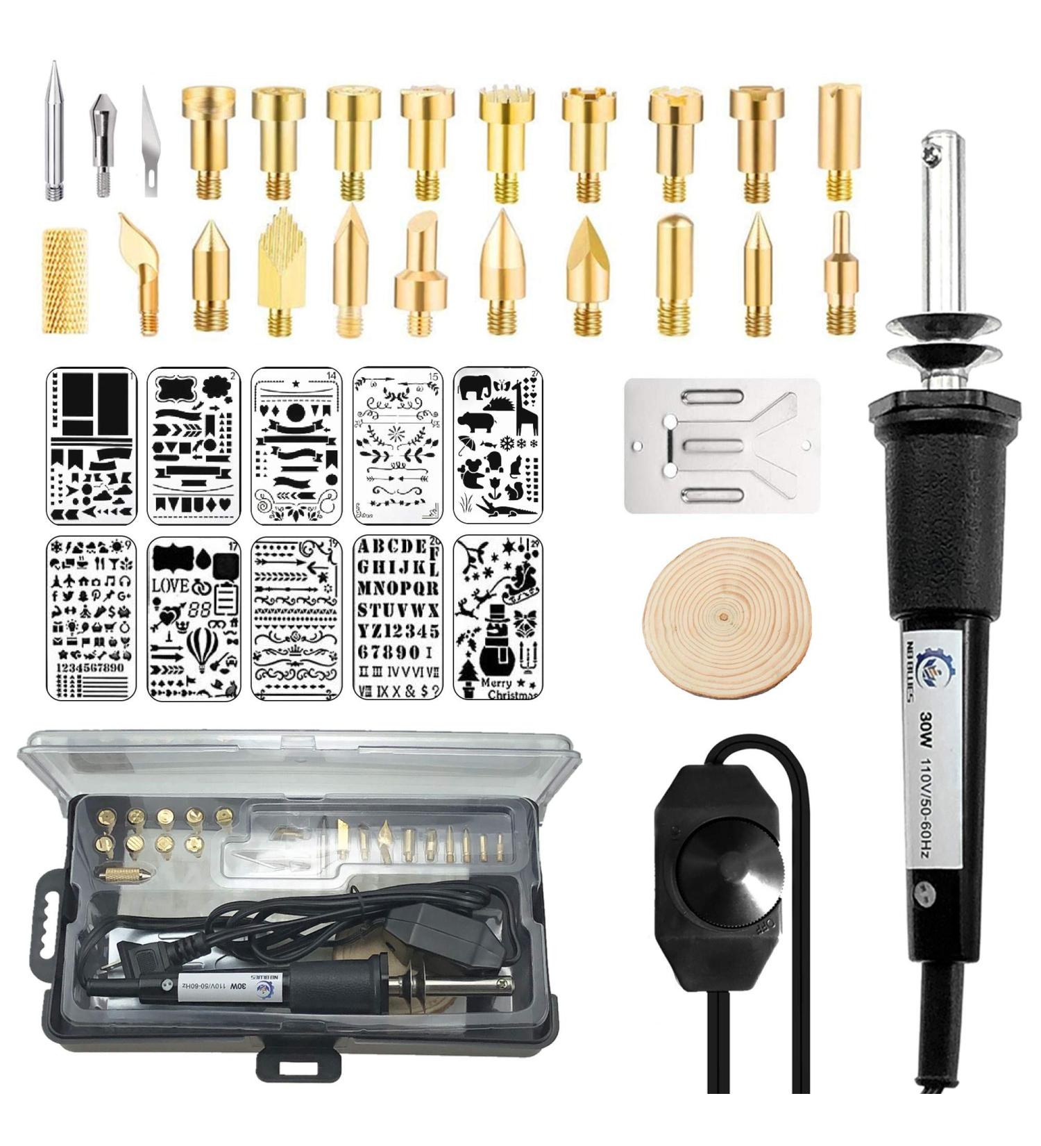 NB Blues 30W Wood Burning Kit with 22 Tips, 10 Stencils & Wood Chips - Professional Adjustable Leather/Wood Burning Tool Set - Buy Online on GoSupps.com