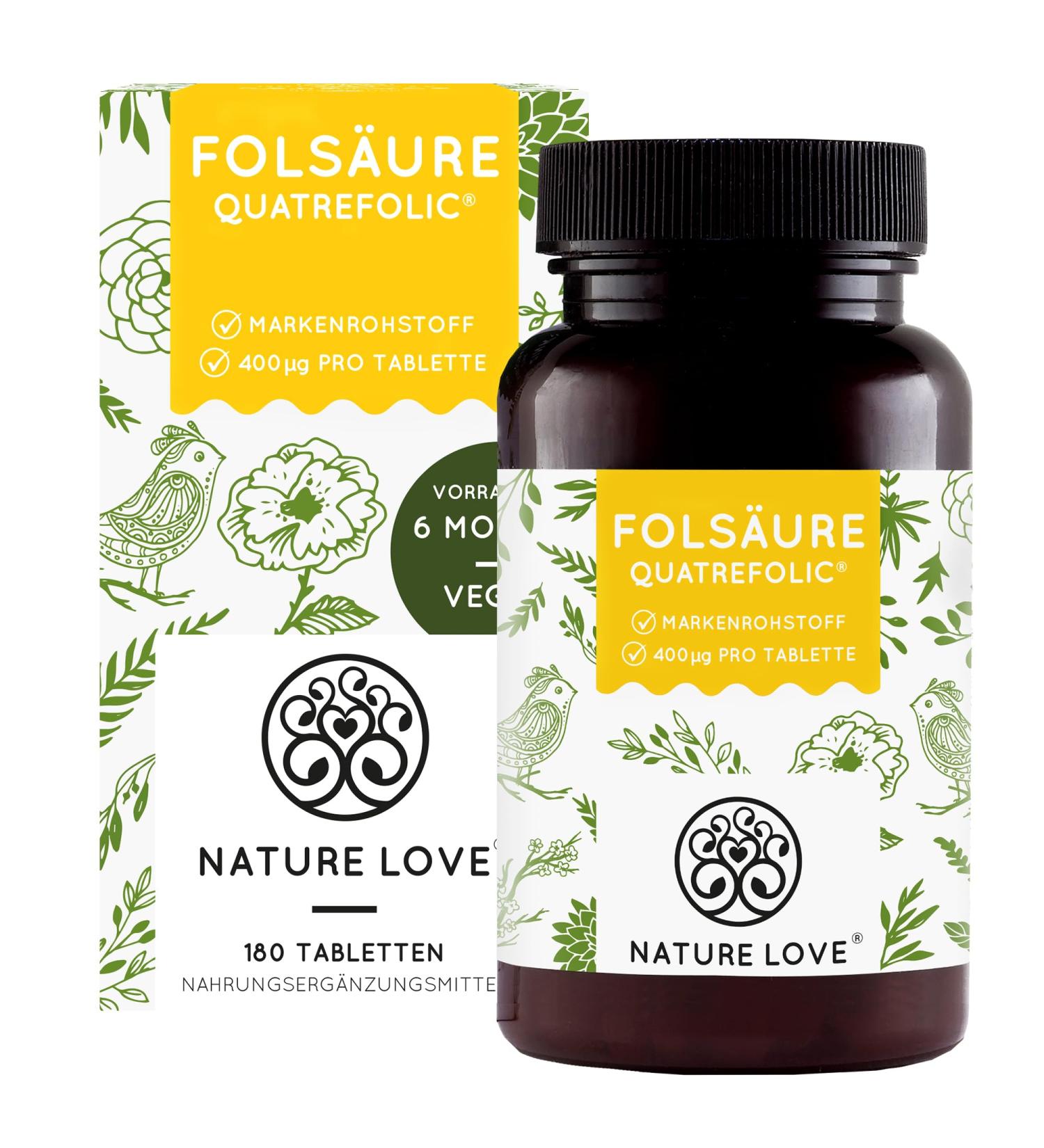 Nature Love Folic Acid Quatrefolic - 180 Tablets (400mcg) | Vegan High Dose Lab Tested - Support for Pregnancy & Conception - Made in Germany - Buy Online on GoSupps.com