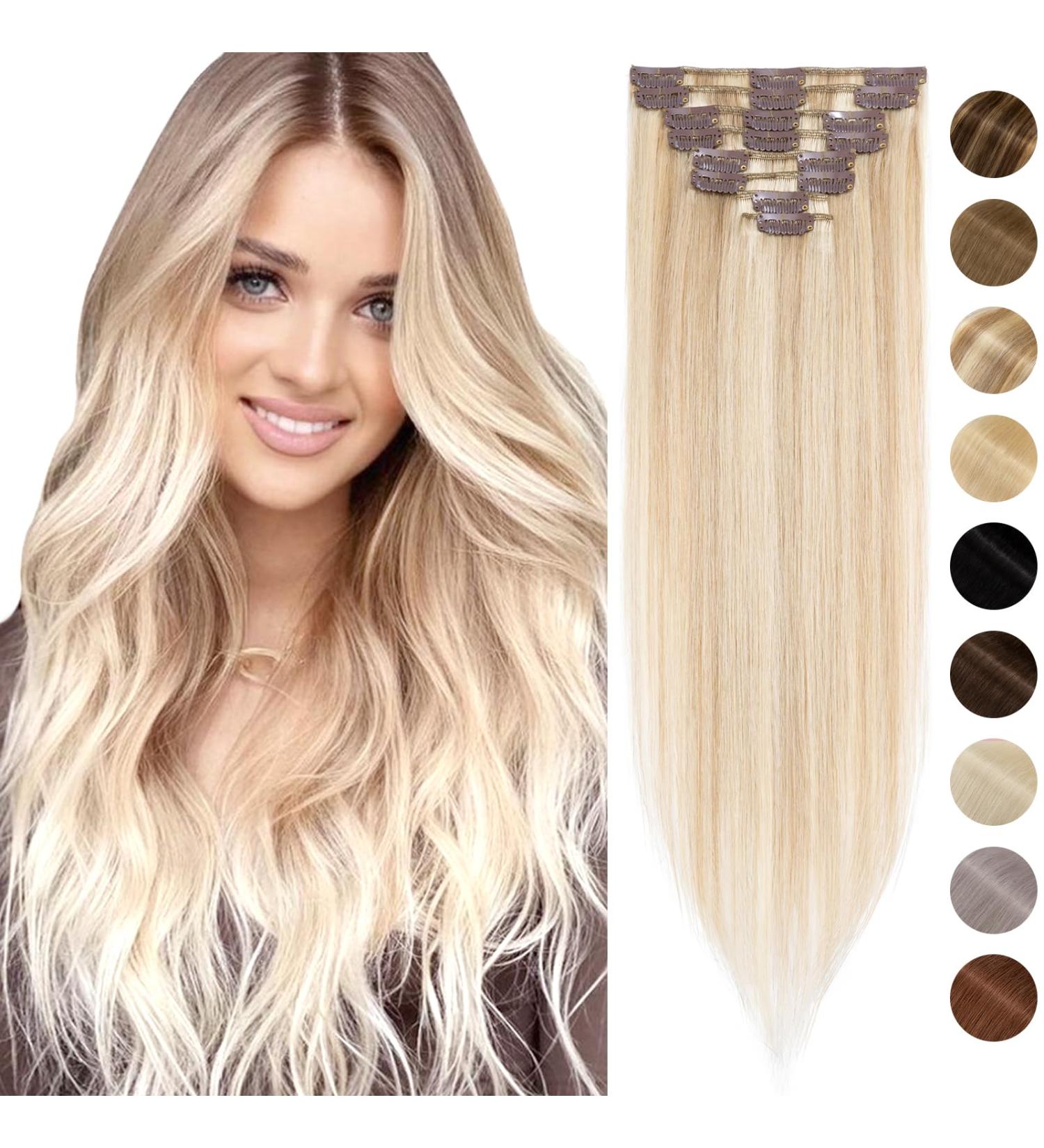Silk-co Hair Extensions Clip in Human Hair Extension 14inch Balayage 100% Real Remy Straight Human Hair #18P613 Ash Blonde&Bleach Blonde -Basic Thickness-Thin Weft 60g - Buy Online on GoSupps.com