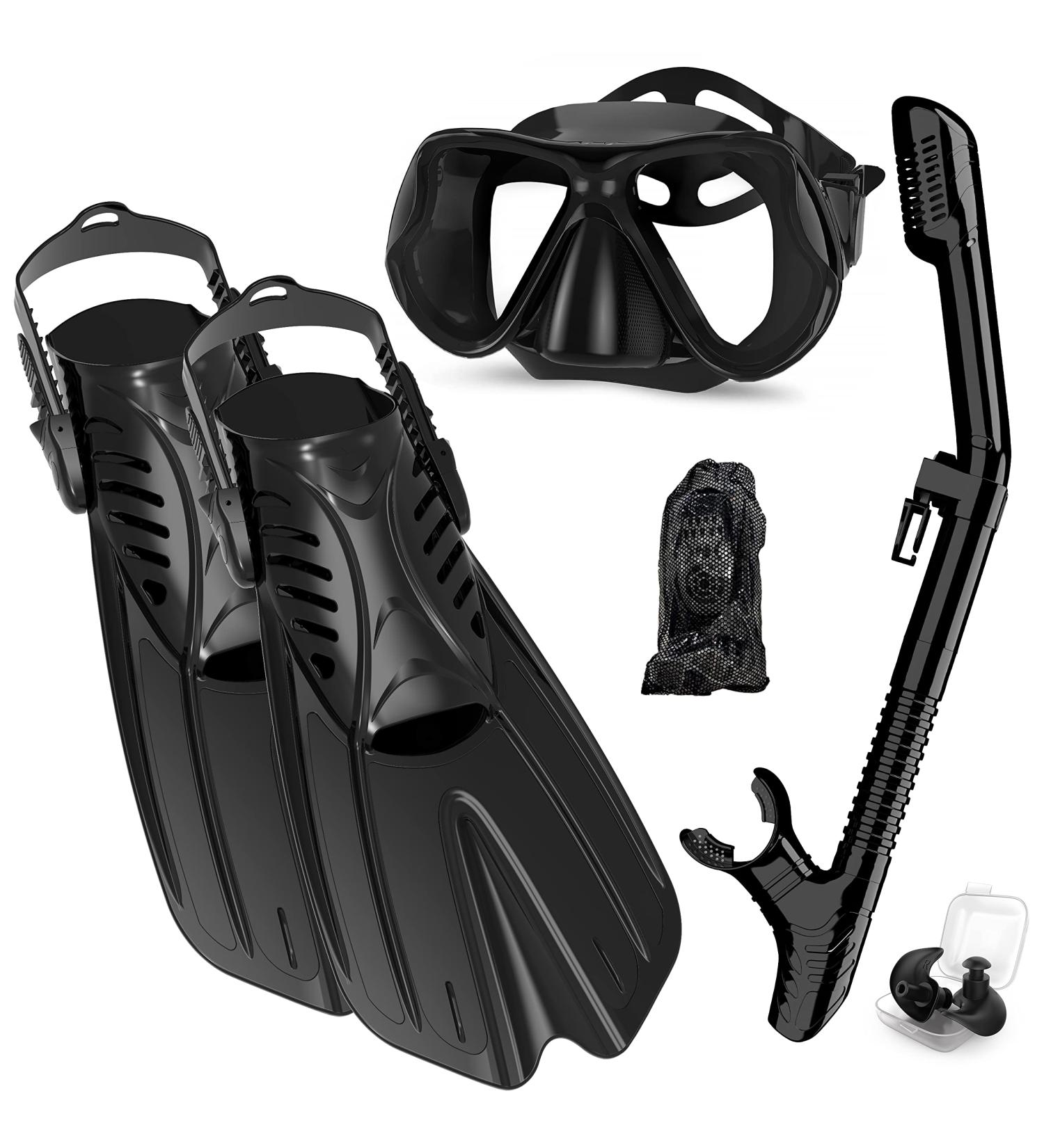 Professional 4-in-1 Snorkel Set for Adults | Adjustable Dive Flippers, Anti-Fog Mask, Dry Top Snorkel & Earplugs | Ideal for Snorkeling, Swimming & Scuba Diving | Black Large-X-Large - Buy Online on GoSupps.com