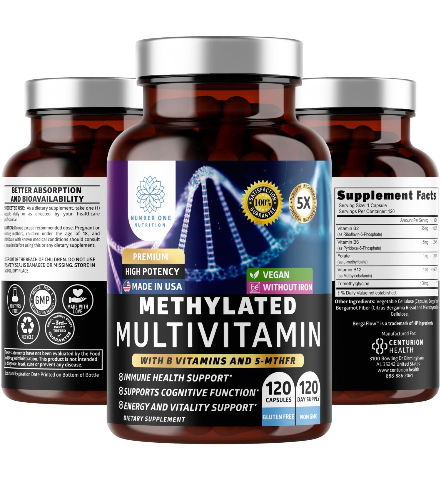 Number One Nutrition Methylated Multivitamin for Women & Men, Natural Daily Multivitamins with Folate, Vitamin B12, Vitamin B2 and B6, Non-GMO, Gluten-Free, 120 Caps - Buy Online on GoSupps.com