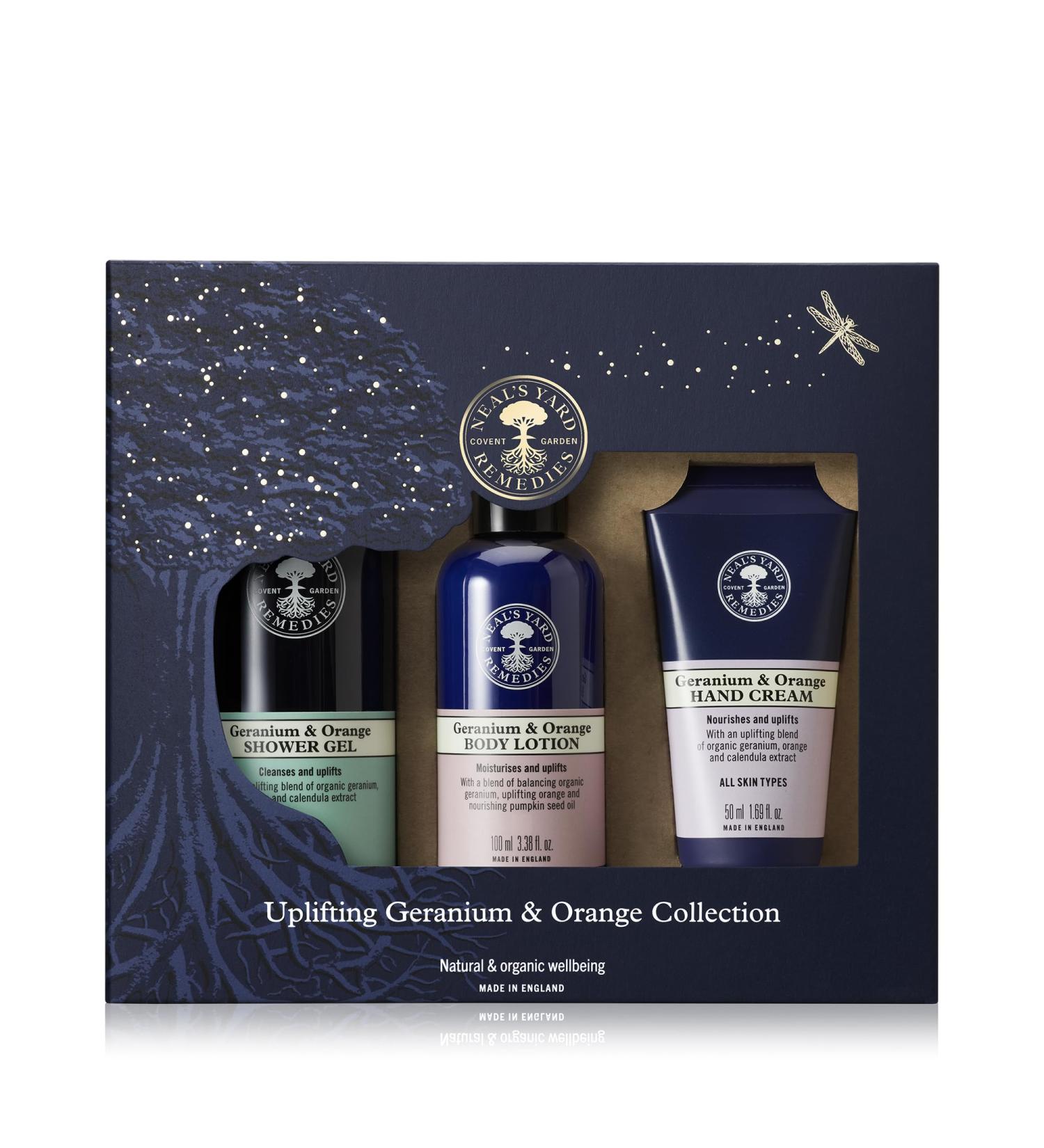 Neal's Yard Uplifting Geranium & Orange Collection with Geranium Essential Oil For All Skin Types Vegetarian Approved Cruelty Free 3 Piece Set