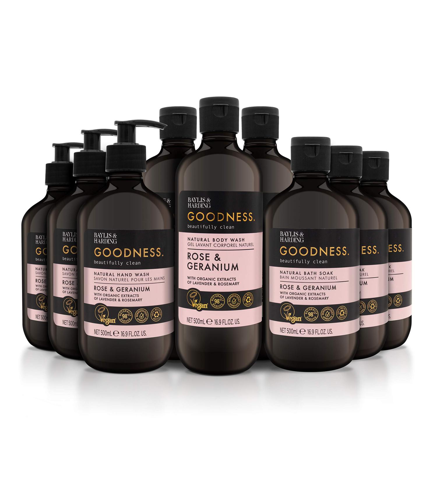 Baylis & Harding Goodness Rose & Geranium Toiletries Bundle - 9 Bottles, Vegan Friendly Hand Wash, Body Wash & Bath Soak - Buy Online on GoSupps.com