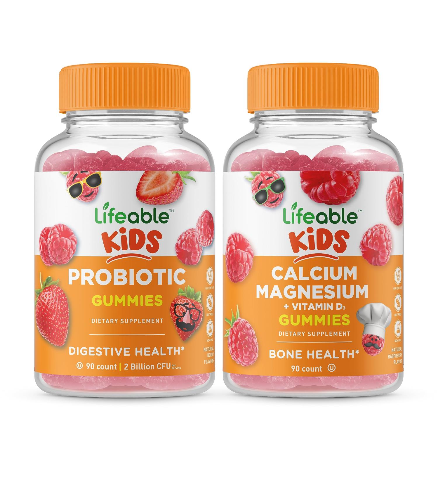 Lifeable Probiotic 2 Billion CFU Kids + Calcium Magnesium Kids Gummies Bundle - Great Tasting Vitamin Supplement Gluten Free GMO Free Chewable Gummy - Buy Online on GoSupps.com