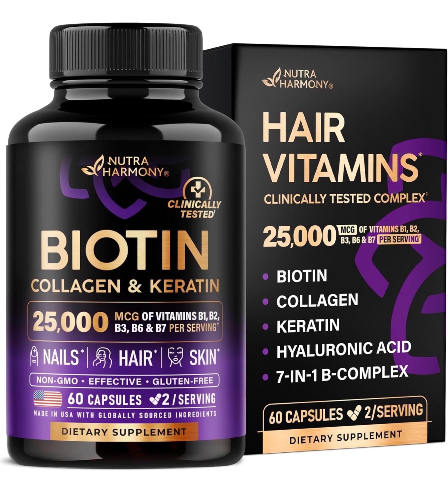 Premium Biotin Vitamins with Collagen & Keratin for Hair Growth - 25000mcg Pills - Made in USA - B1 B2 B3 B6 B7 Complex - For Women & Men - Healthy Nails & Skin - 60 Capsules - Buy Online on GoSupps.com