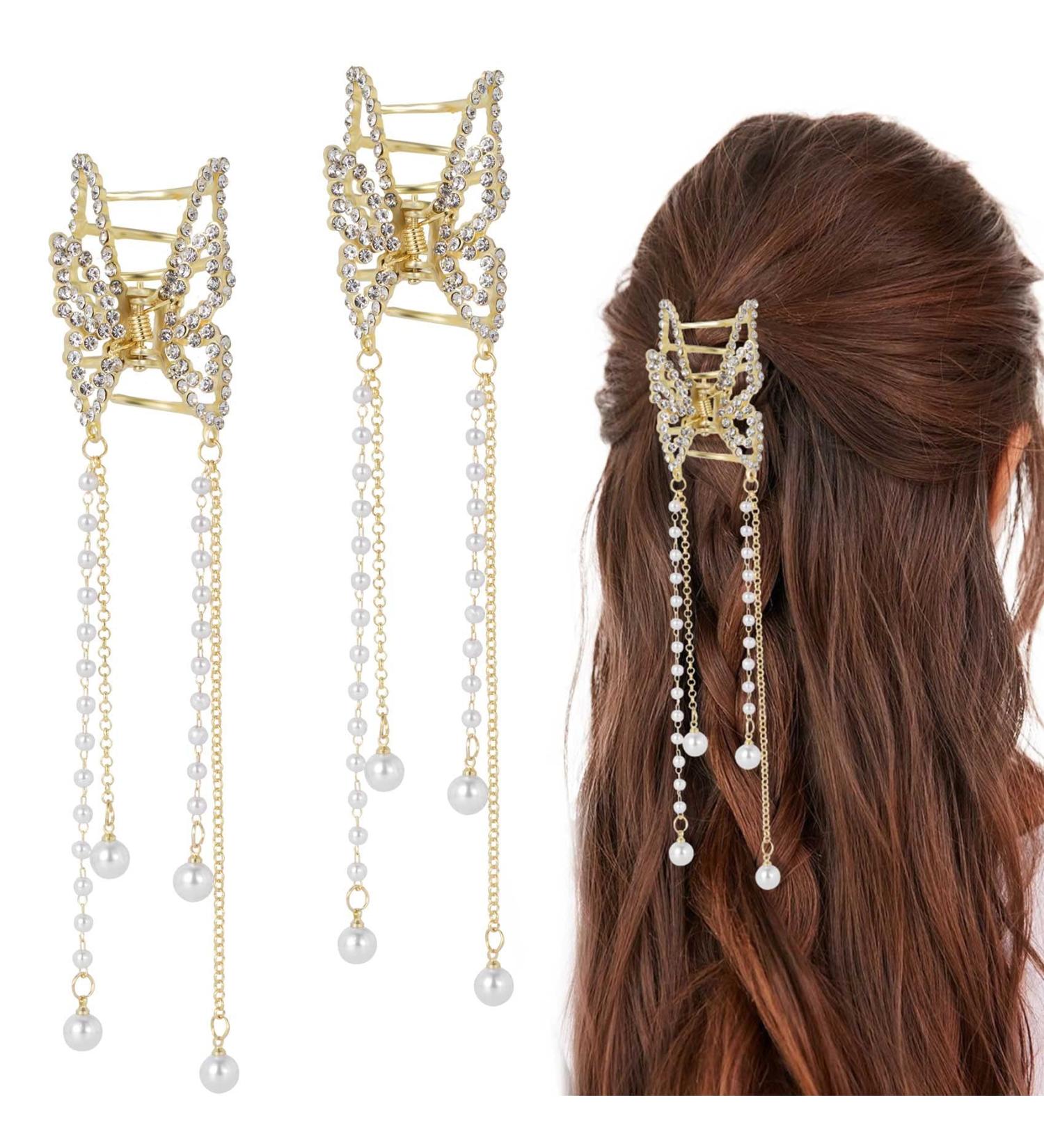CHANZET Gold Butterfly Hair Claw Clips with Pearl Tassel Chain - Set of 2 | Rhinestone Decoration Hair Accessories for Women and Girls - Buy Online on GoSupps.com