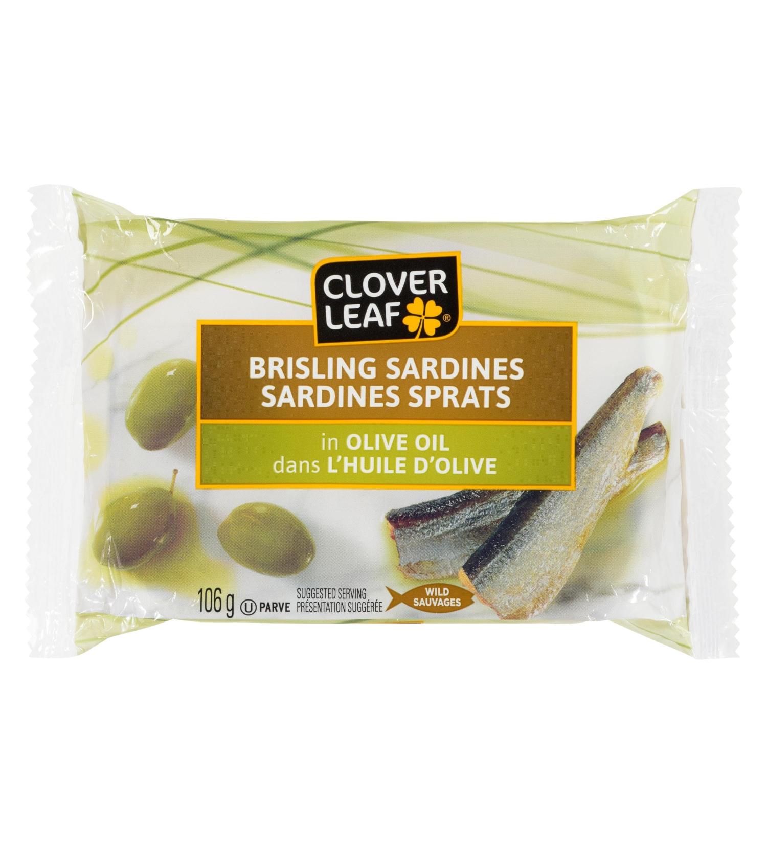 Clover Leaf Brisling Sardines in Olive Oil - 106g 12 Count - Canned Sardines - Canned Fish - Excellent Source Of Protein - 16g Of Protein Per 80g Serving Drained - Source Of Omega-3 - Source Of Iron - Source Of Vitamin D - Source Of Calcium - Buy Online on GoSupps.com