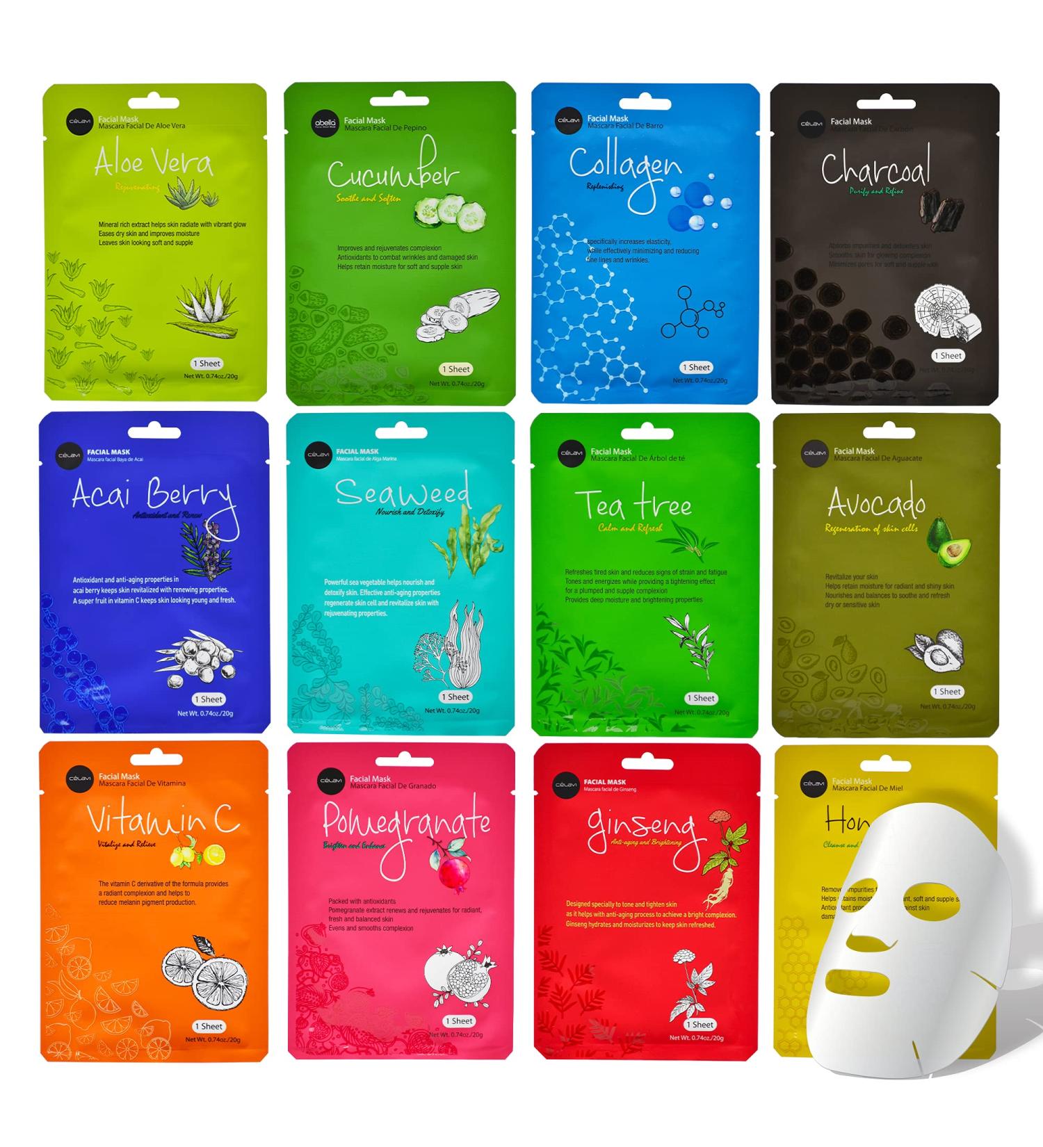Celavi Essence Face Mask 12 Pack - Korean Skin Care Moisturizing Facial Beauty Treatment - Buy Online on GoSupps.com