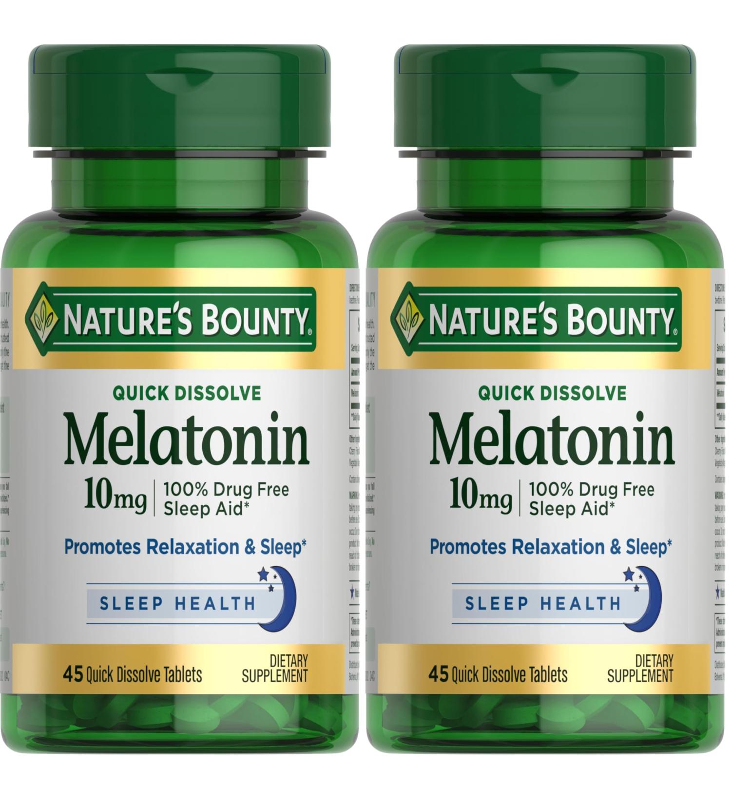 Nature's Bounty Melatonin 100% Drug Free Sleep Aid Dietary Supplement Promotes Relaxation and Sleep Health 10mg 45 Quick Dissolve Tablets (Pack of 2) - Buy Online on GoSupps.com