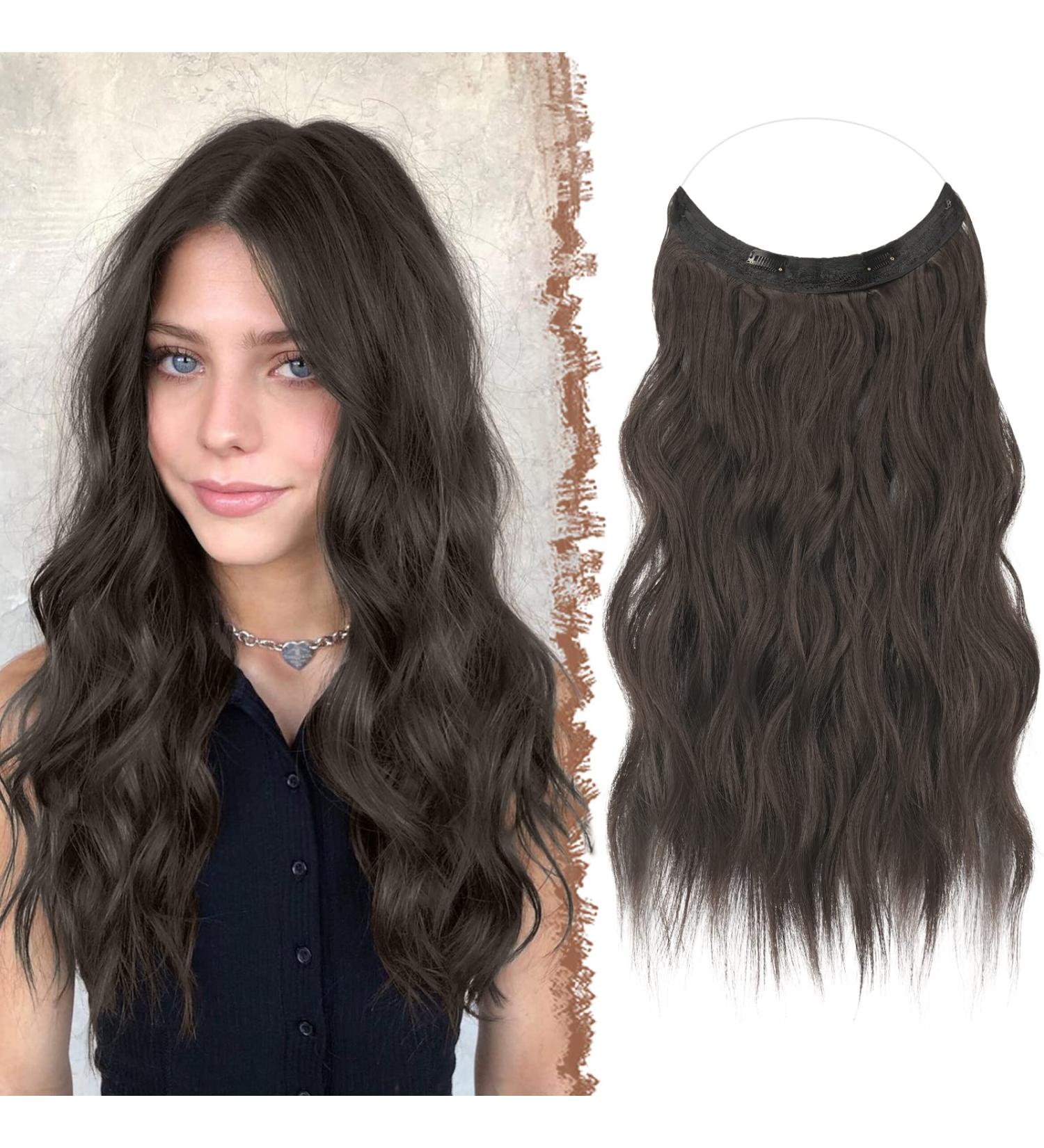 FESHFEN Invisible Wire Hair Extensions | Adjustable Size with 2 Secure Clips | Long Wavy Synthetic Hairpiece 20 Inch | Black Brown - Buy Online on GoSupps.com