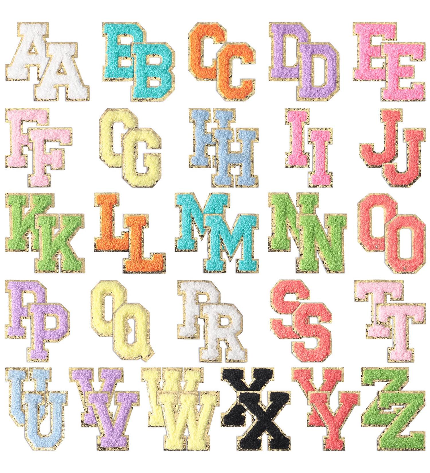 52 Chenille Letter Patches A-Z with Gold Glitter Border | Iron on Embroidered Patch for Clothing, Hats, Bags, Jackets, Shirts | Bright & Cute Style - Buy Online on GoSupps.com