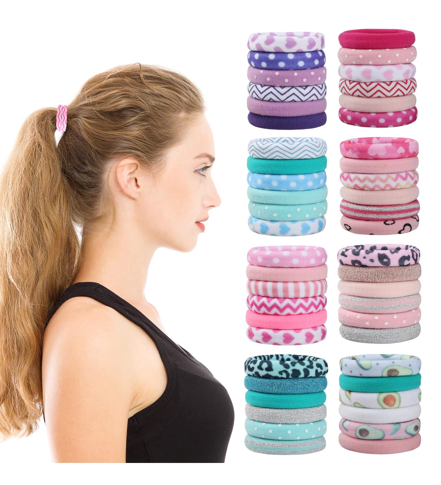 48 Pcs Seamless Nylon Elastic Hair Ties for Girls - Cute Fabric Ponytail Holders in 48 Colors with Prints - No Damage Hair Accessories for Women - Buy Online on GoSupps.com
