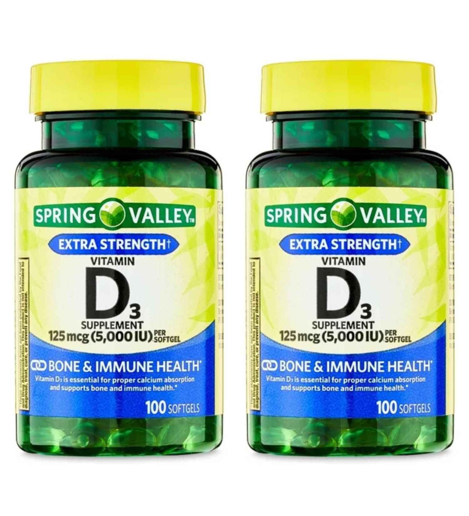Generic Spring Valley Vitamin D3 Softgels 5000 IU 100 Count 2 Bottles for a Total of 200 Count
