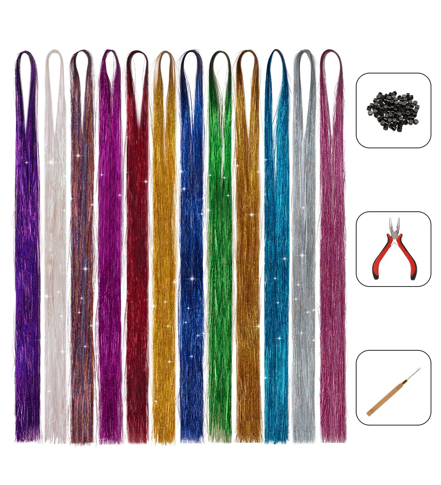 Shiny Heat Resistant 44 Hair Tinsel Kit - 12 Colors Glitter Fairy Strands for Women, Girls & Kids | 3600 Strands - Buy Online on GoSupps.com