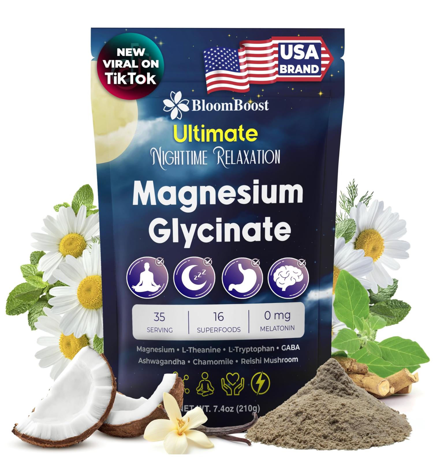 BloomBoost Magnesium Glycinate Powder Upgraded Formula with Vanilla Coconut Powder GABA L-Theanine Ashwagandha and Chamomile Natural Berry Flavor - Perfect for Evening Wind-Down & Cozy Nights - Buy Online on GoSupps.com