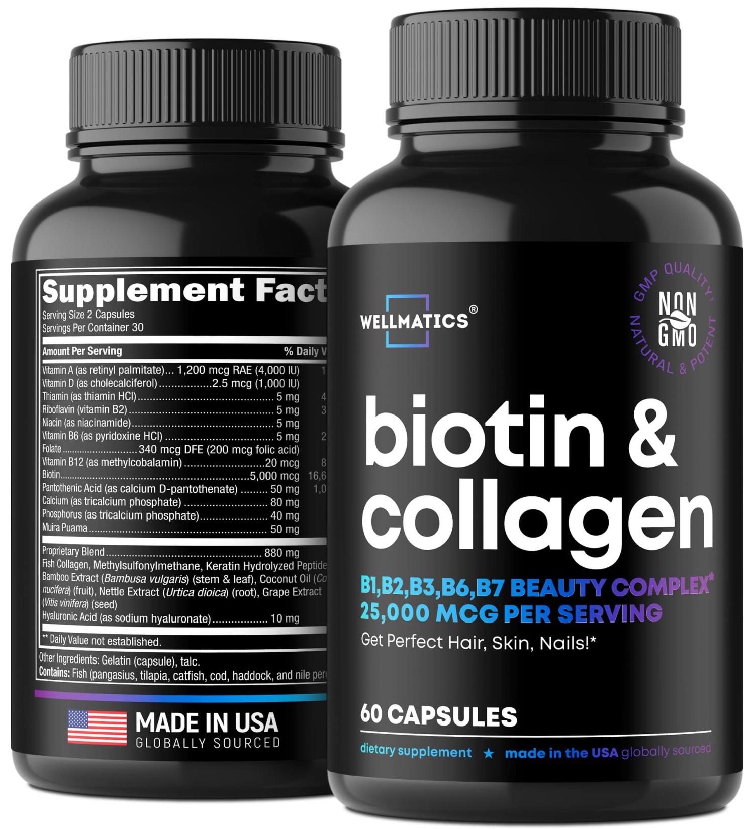 Biotin Capsules with Collagen & Keratin - 25000MCG - Hair, Skin & Nails Vitamins - Hair Growth & Metabolism Support - 60 Caps - Buy Online on GoSupps.com