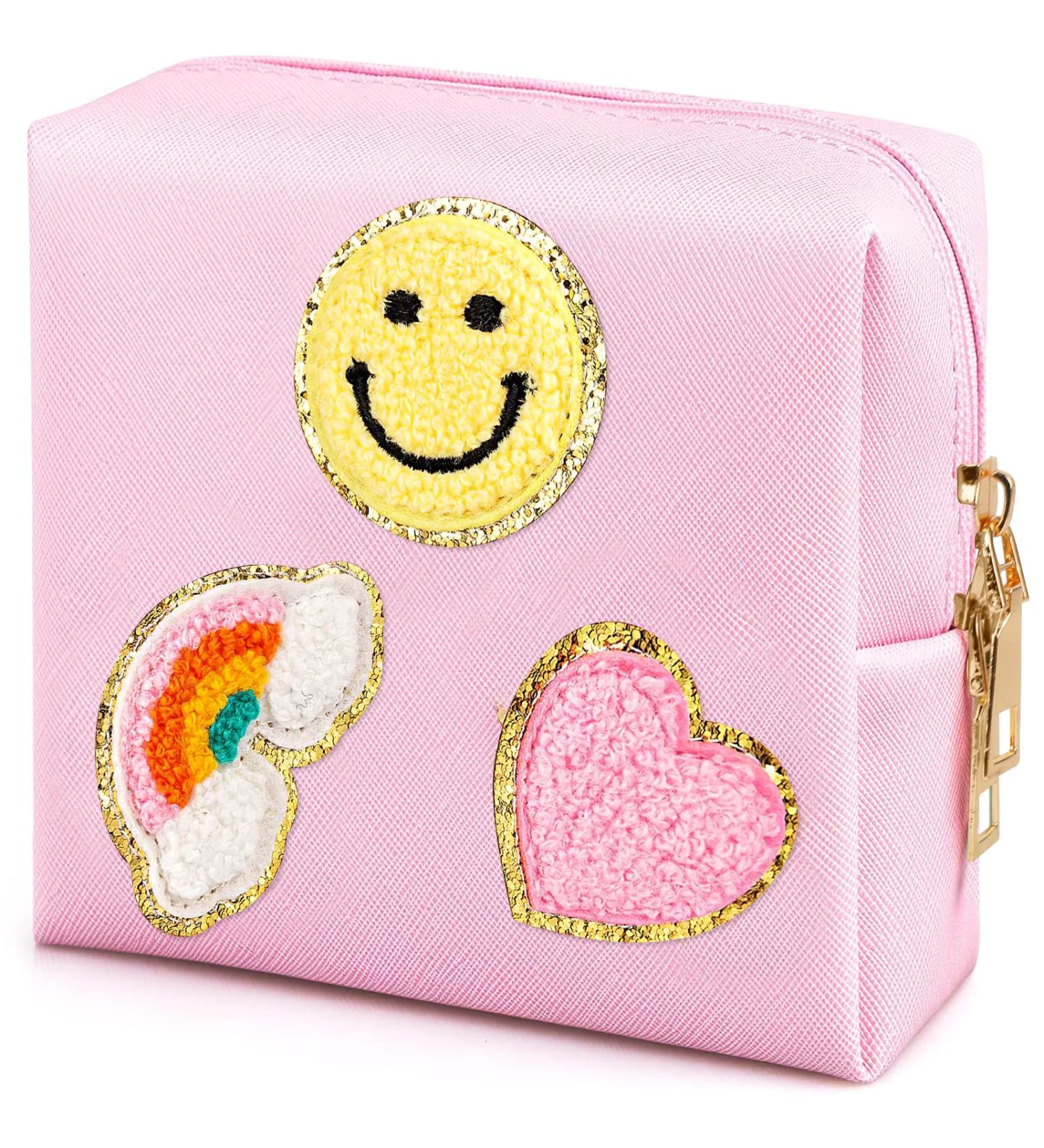 Preppy Patch Period Bag for Teen Girls | PU Leather Sanitary Napkin Storage Pouch with Zipper | Menstrual Cup & Tampon Organizer in Pink - Buy Online on GoSupps.com